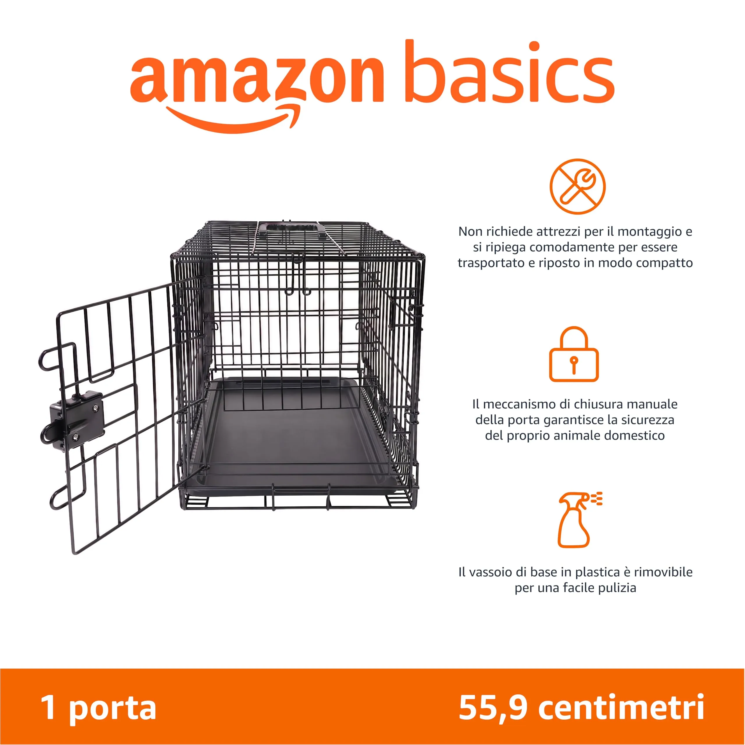 Amazon Basics Gabbia per cani in metallo pieghevole con vassoio rimovibile, Nero, 56 x 33 x 41 cm - immagine 2