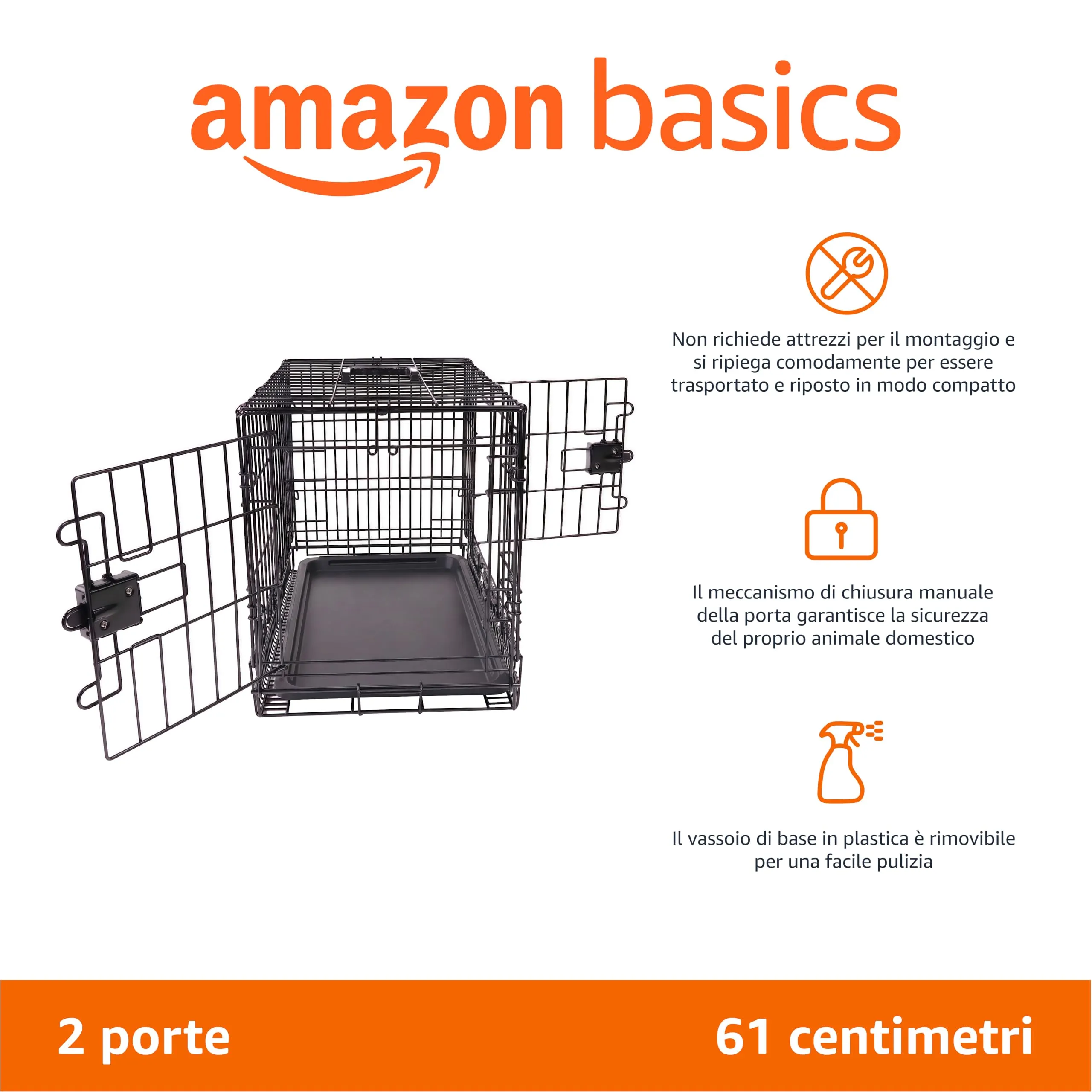 Amazon Basics Gabbia per Cane in Metallo Pieghevole con Vassoio e Doppio Sportello, 61 x 46 x 51 cm, Nero - immagine 2