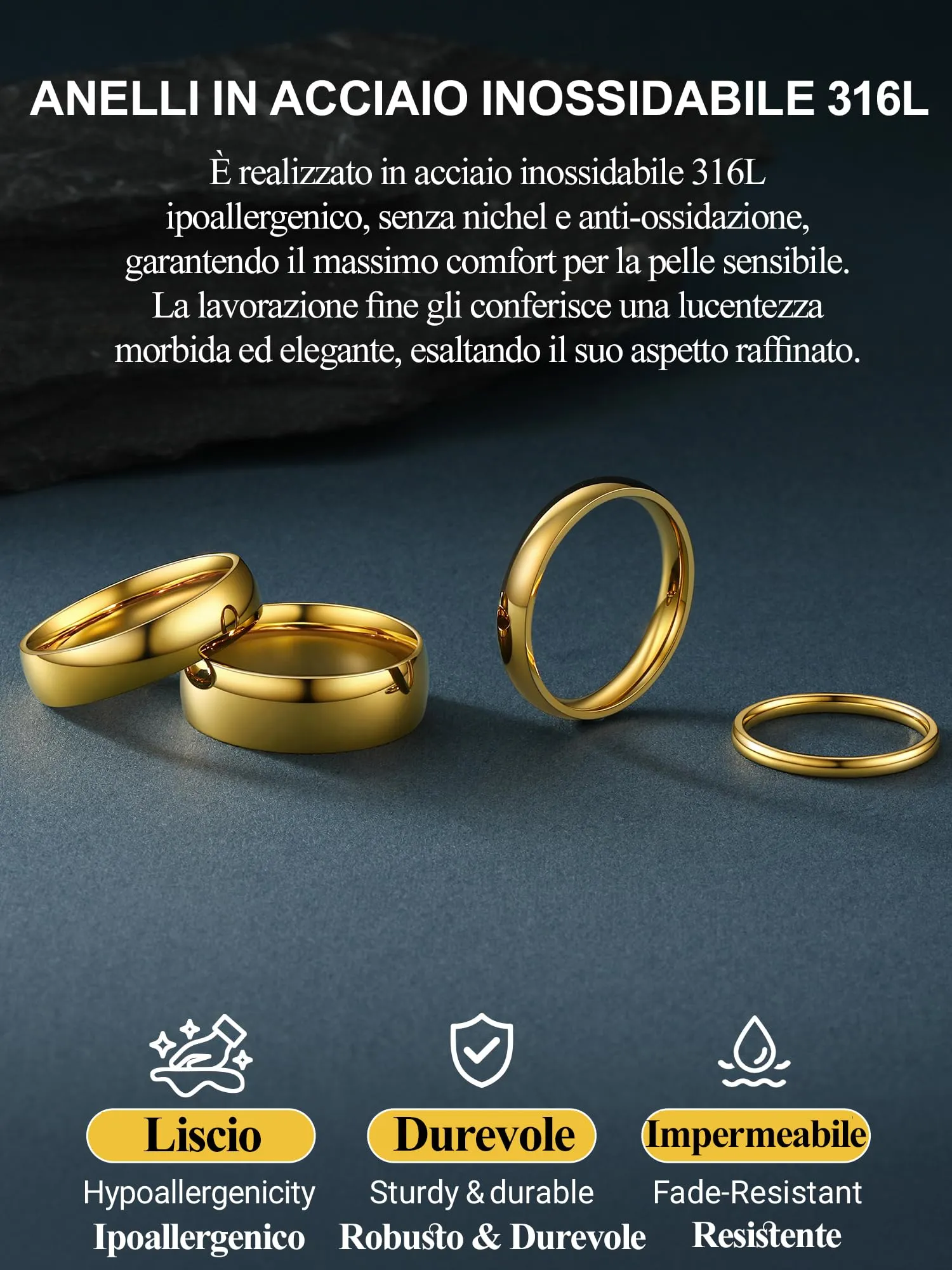 PROSTEEL Anello in Acciaio Inossidabile Color Oro, Misura 7 - immagine 5