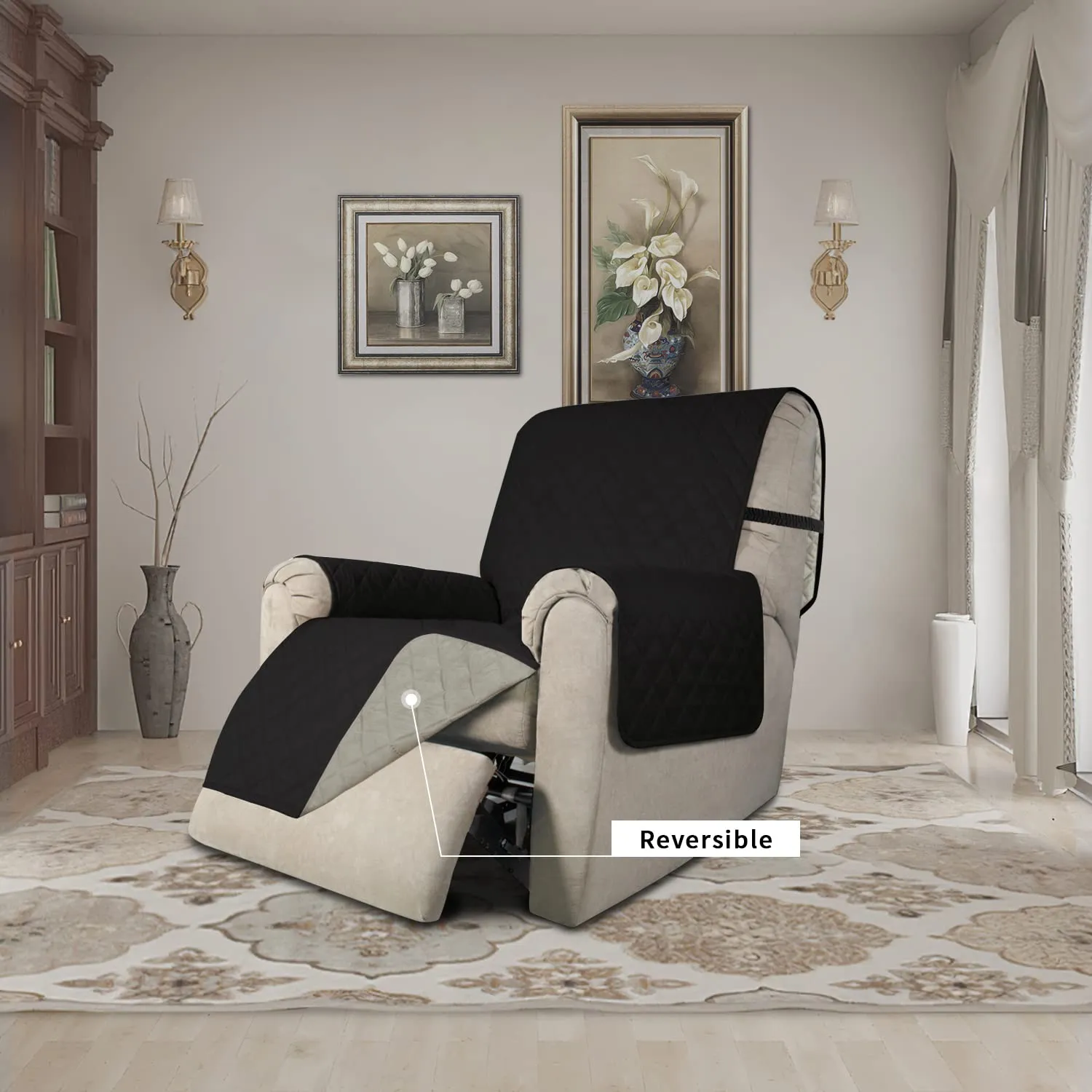 Easy-Going Fodera per Poltrona Reclinabile Impermeabile e Reversibile con Cinghie Elastiche, Nero/Beige (55,9 cm) - immagine 2