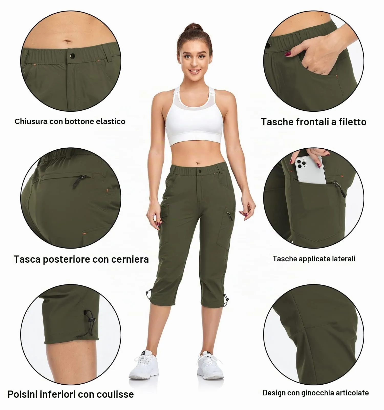 GymBrave Pantaloni Trekking Donna Cargo Capri 3/4 Estivi Leggeri Esercito M - immagine 4