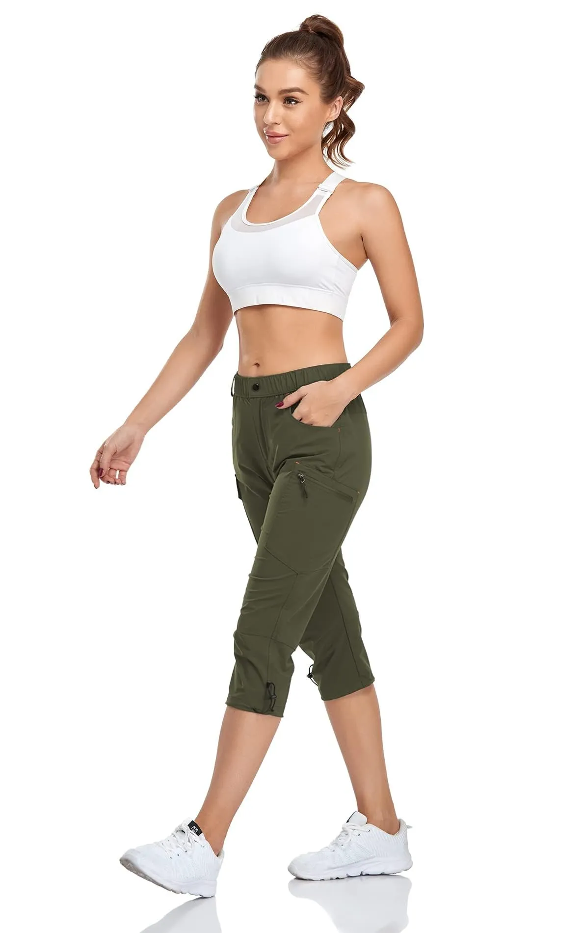 GymBrave Pantaloni Trekking Donna Cargo Capri 3/4 Estivi, Esercito, L - immagine 3