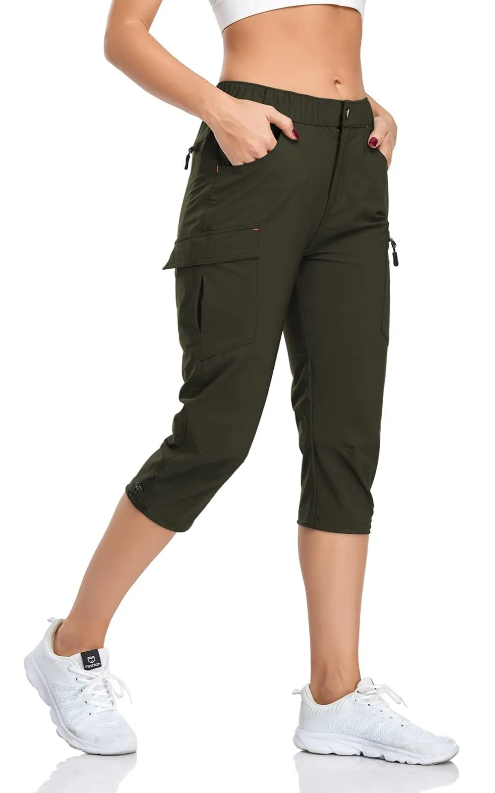 GymBrave Pantaloni Trekking Donna Cargo Capri 3/4 Estivi, Esercito, L - immagine 7