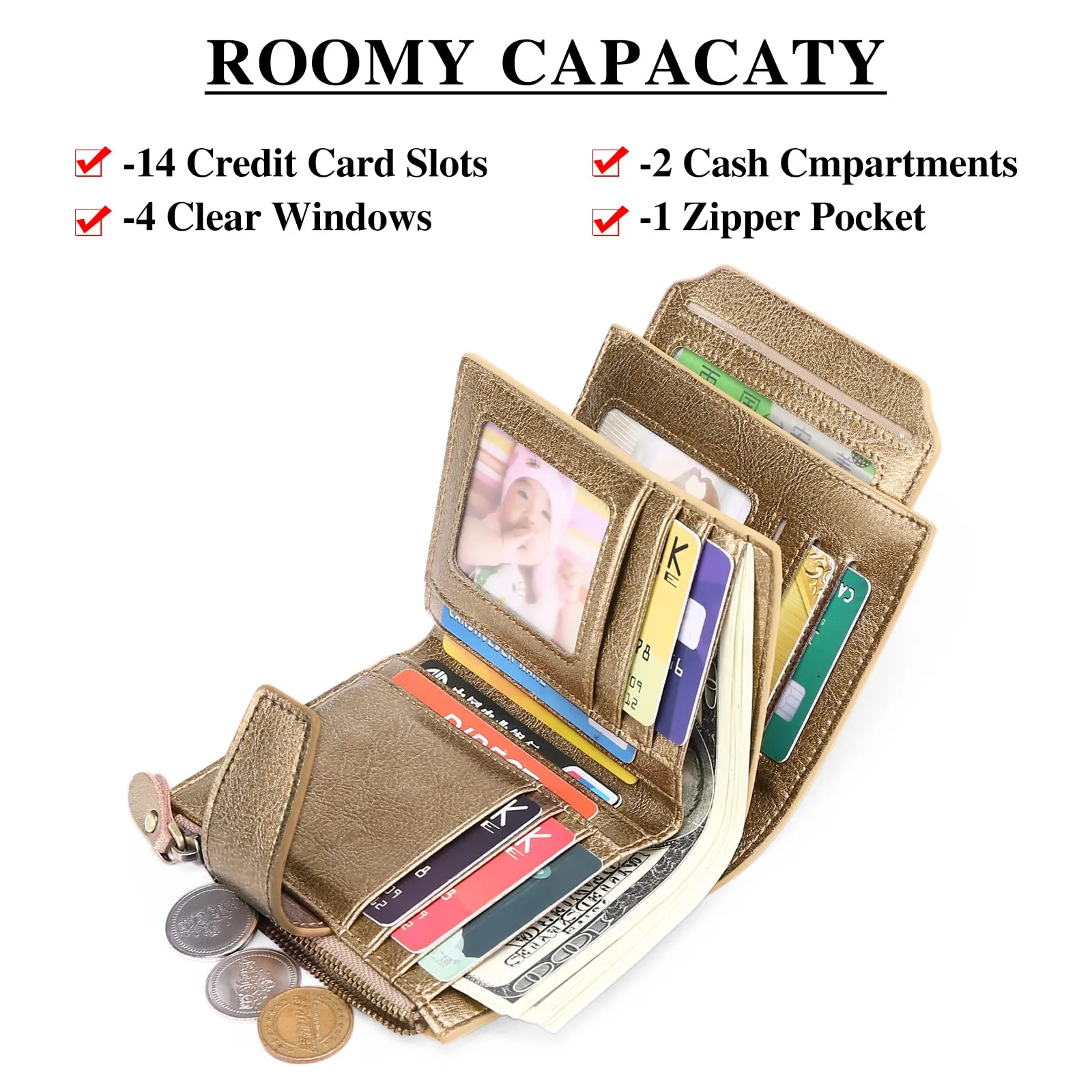 SENDEFN Portafoglio Donna in Pelle Vera Piccolo con Cerniera, 14 Slot per Carte e Blocco RFID - immagine 6