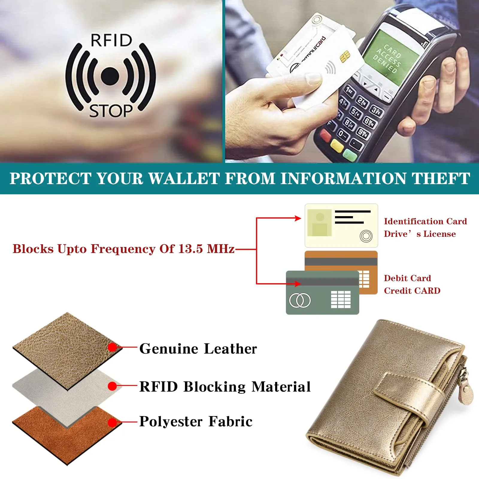 SENDEFN Portafoglio Donna in Pelle Vera Piccolo con Cerniera, 14 Slot per Carte e Blocco RFID - immagine 9