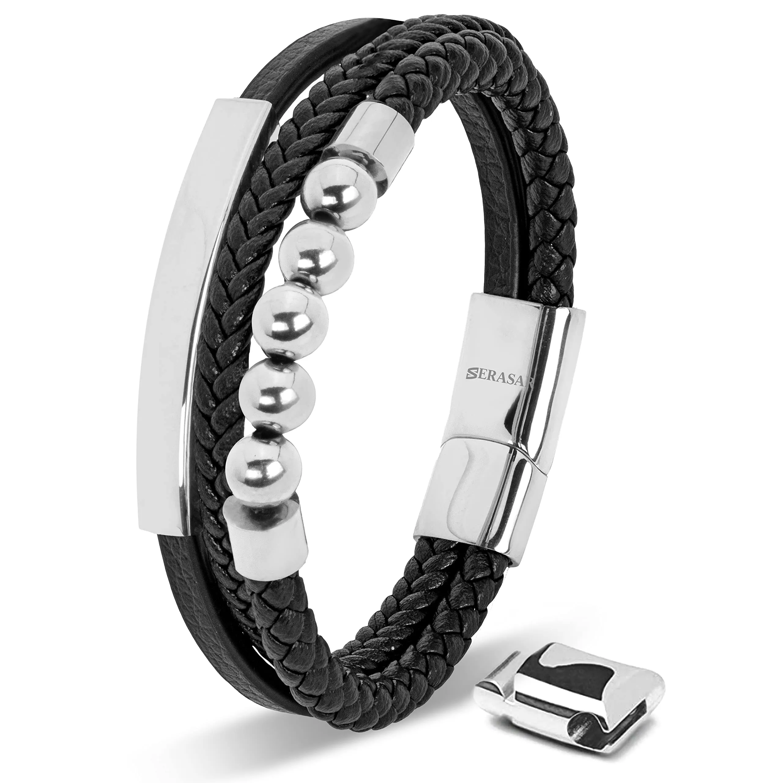 SERASAR Bracciale Uomo in Pelle Nera e Acciaio, 20cm - immagine 1