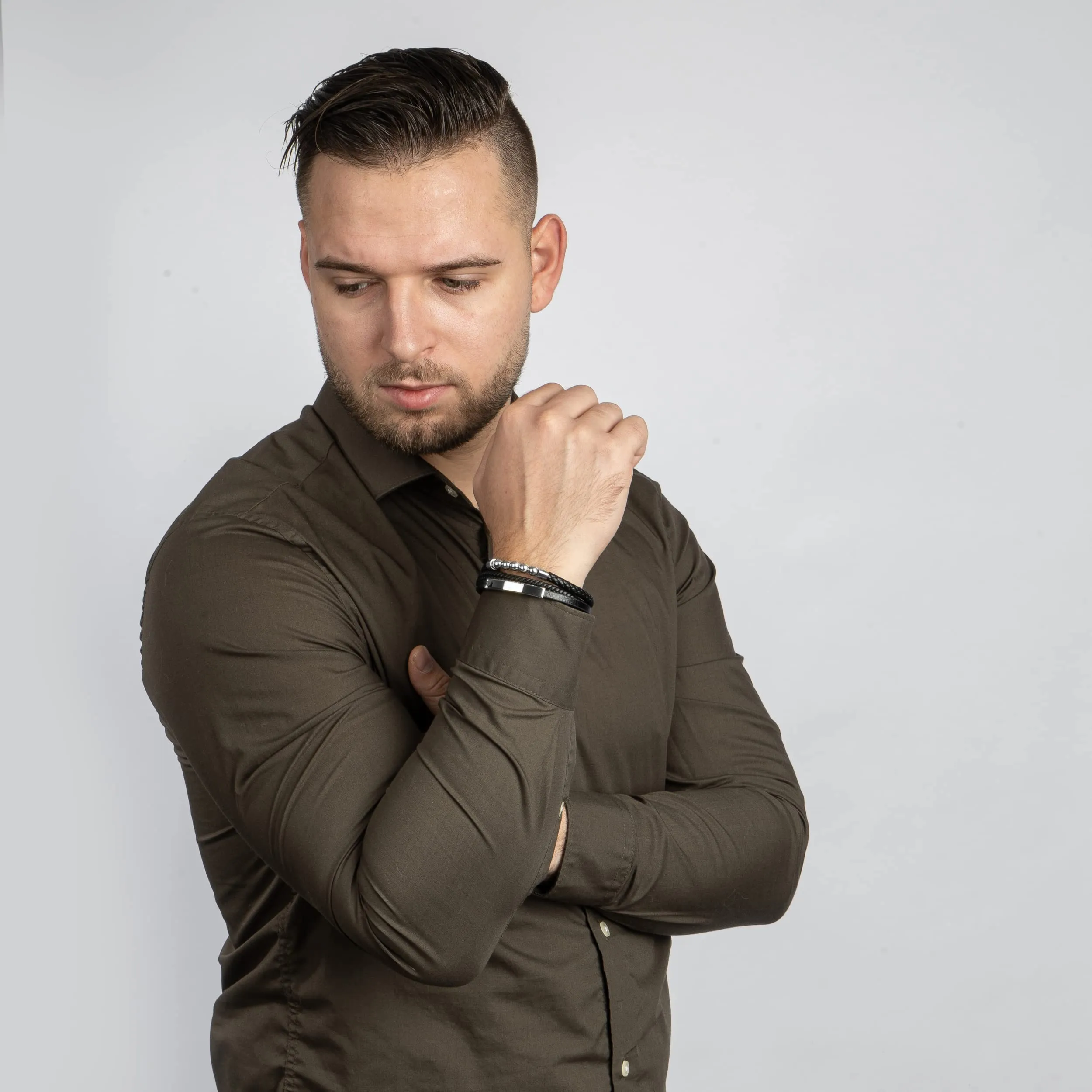 SERASAR Bracciale Uomo in Pelle Nera e Acciaio, 20cm - immagine 9
