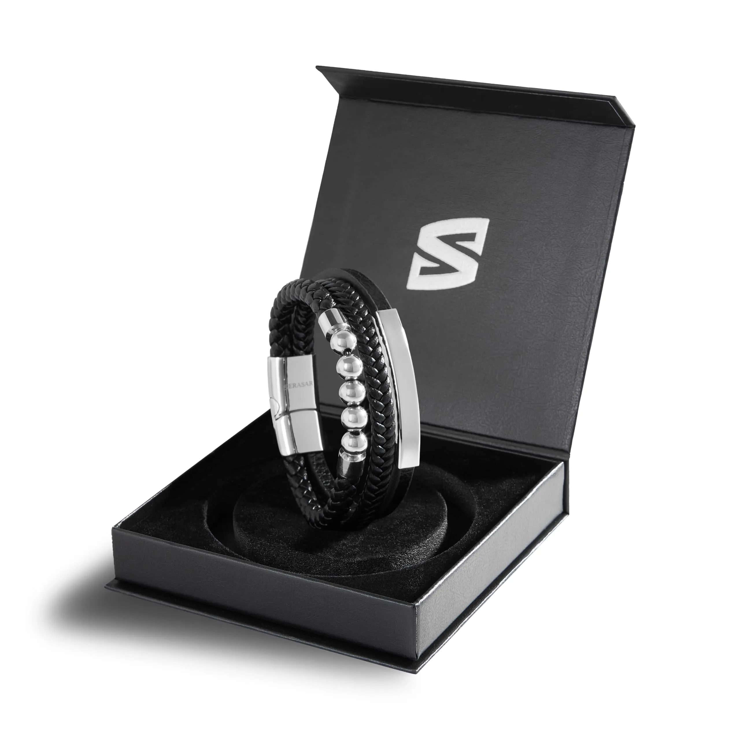 SERASAR Bracciale Uomo in Pelle Nera e Acciaio Inox, 23cm - immagine 2