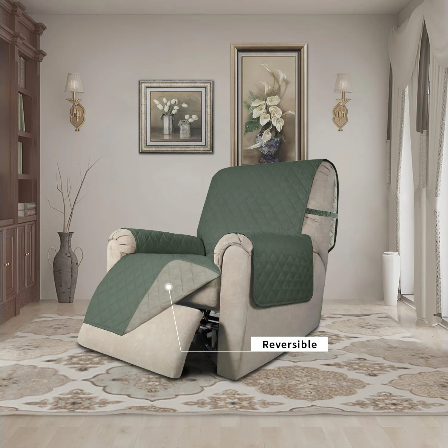Easy-Going Copridivano Reversibile Impermeabile per Poltrona Reclinabile, 56 cm, Verde Grigiastro/Beige - immagine 2