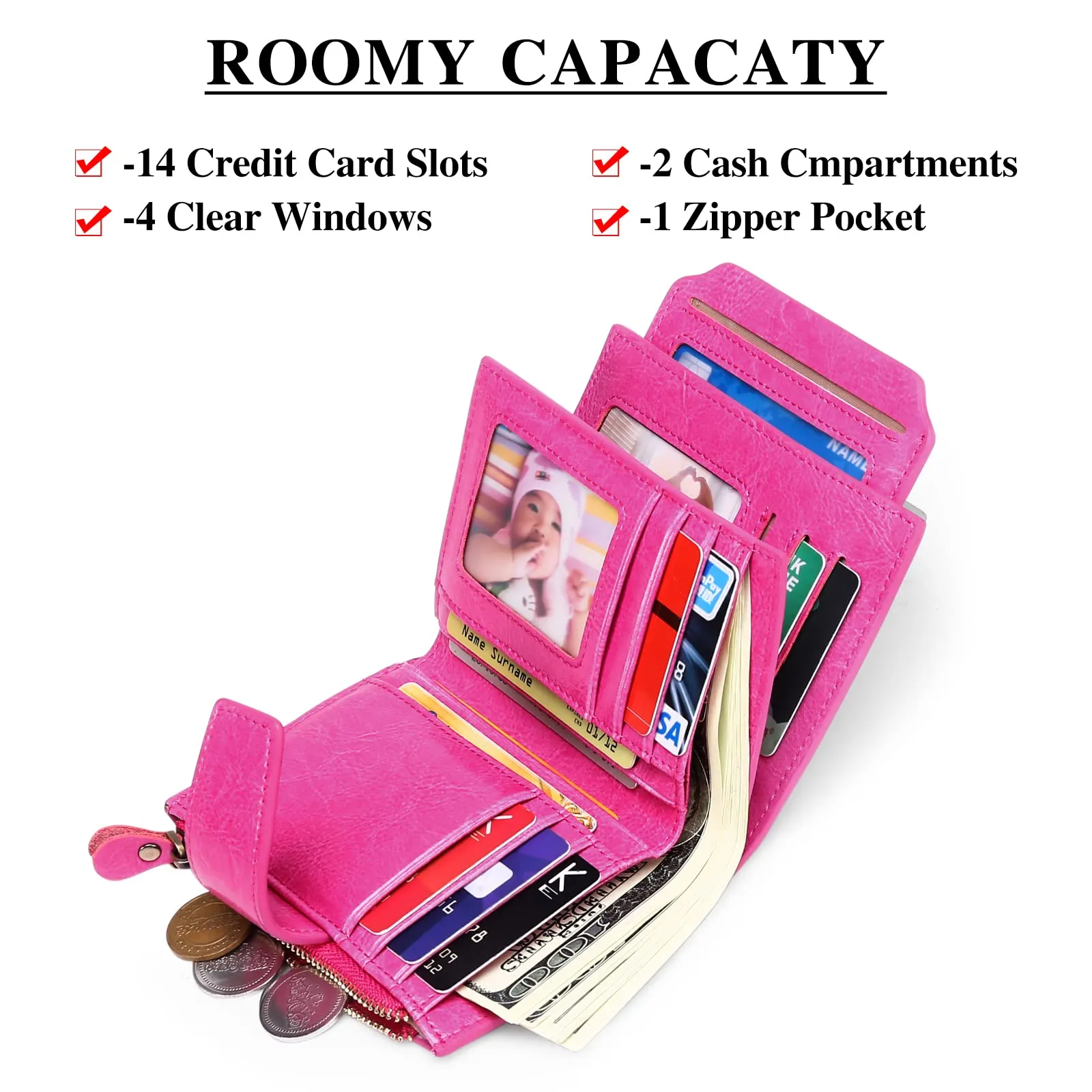 SENDEFN Portafoglio Donna in Pelle Vera con RFID, 14 Slot per Carte e Portamonete con Cerniera - immagine 6