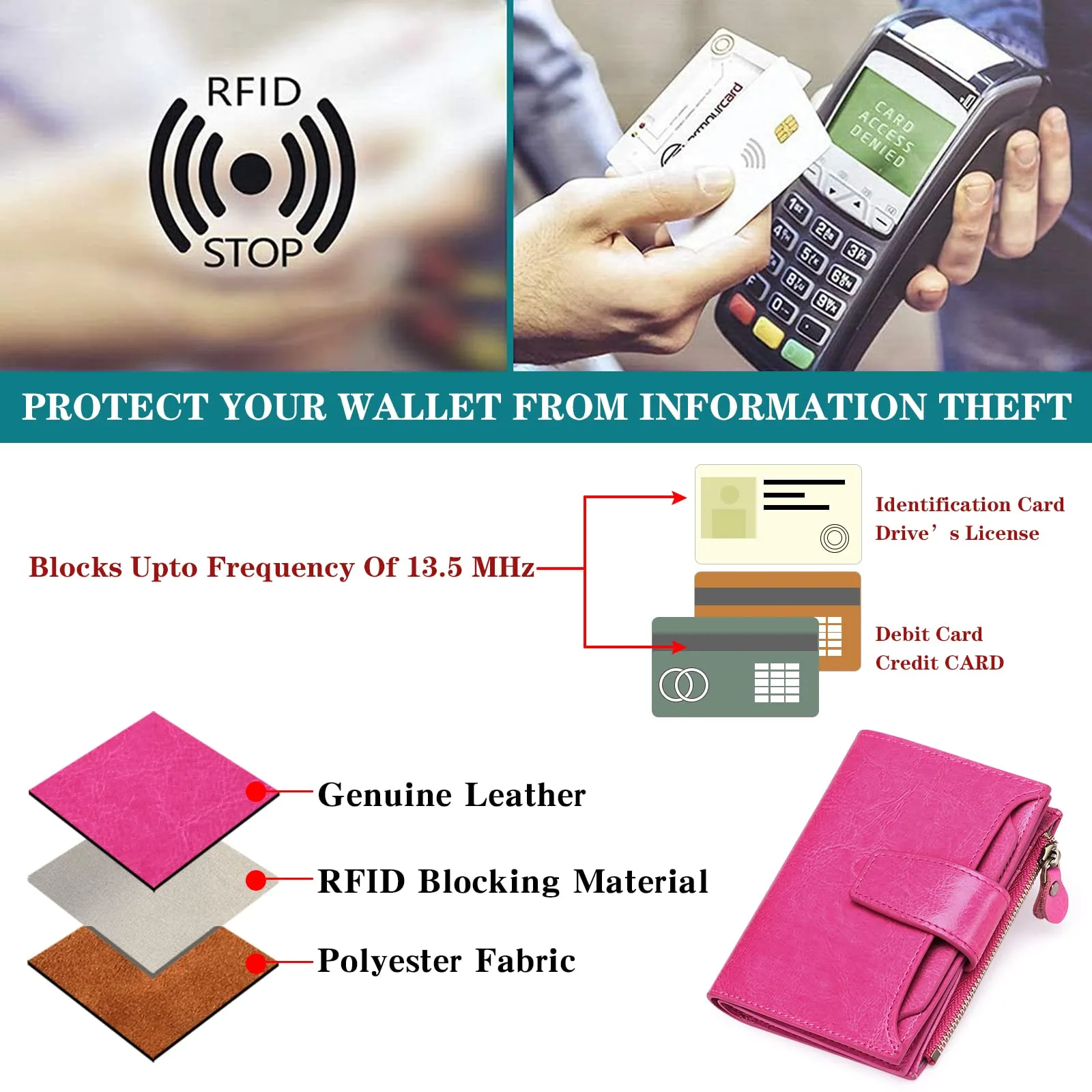 SENDEFN Portafoglio Donna in Pelle Vera con RFID, 14 Slot per Carte e Portamonete con Cerniera - immagine 9