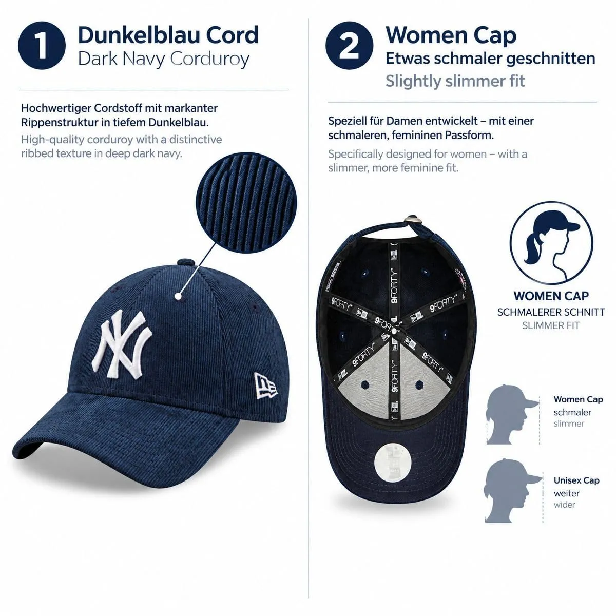 New Era New York Yankees MLB 9Forty Corduroy Adjustable Baseball Cap - Women's Blue - One Size - immagine 4
