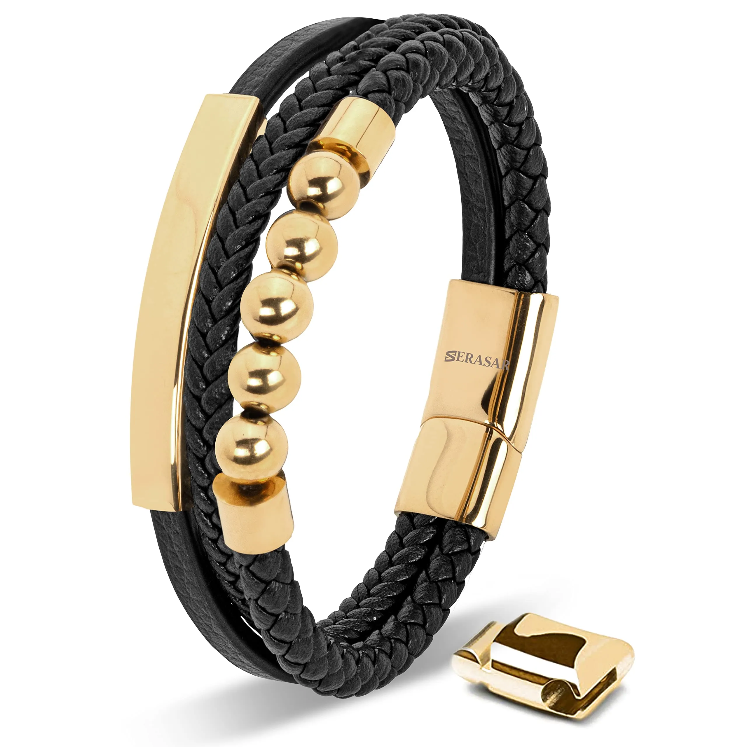 SERASAR Bracciale da Uomo in Pelle Intrecciata e Oro, 23cm - immagine 1