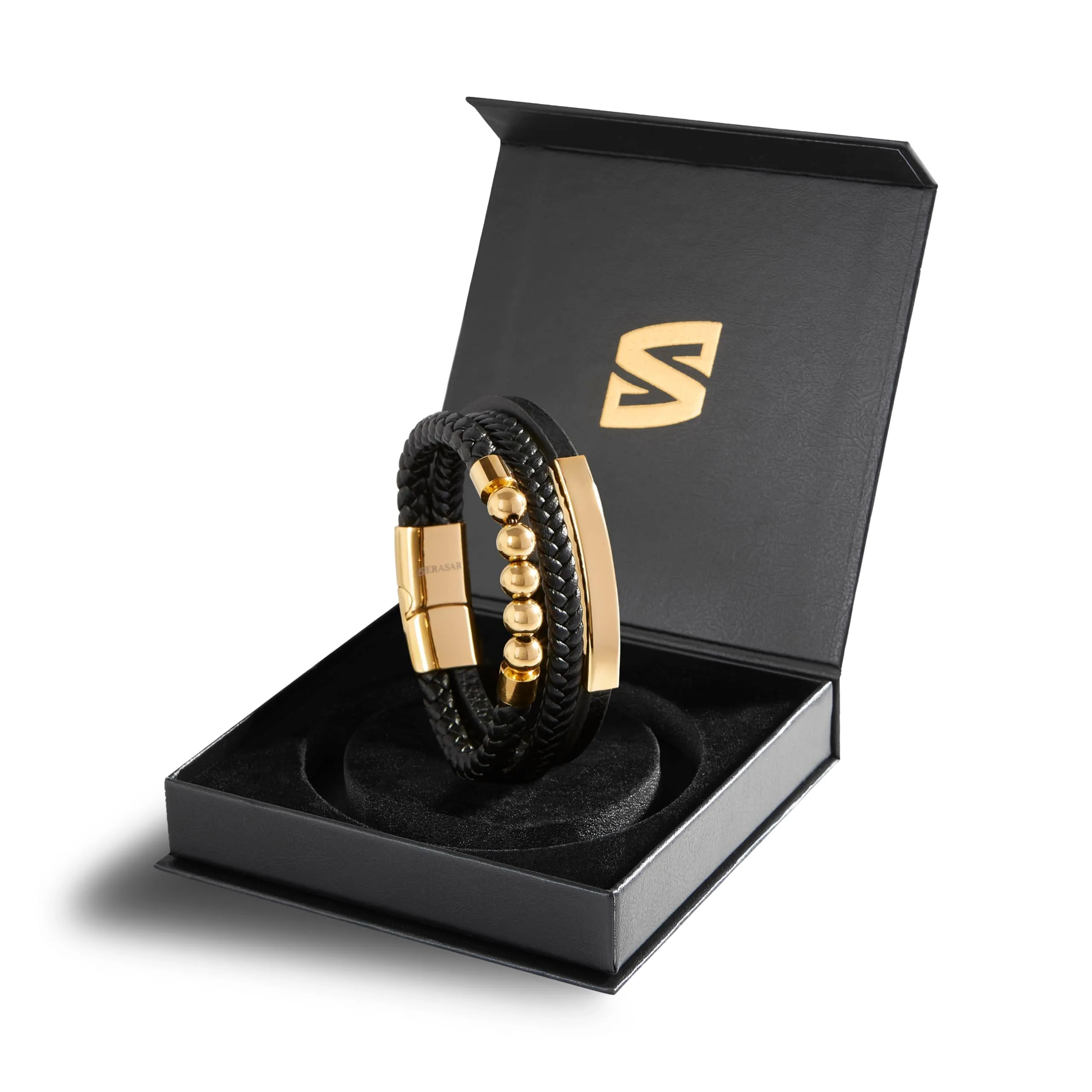 SERASAR Bracciale da Uomo in Pelle Intrecciata e Oro, 23cm - immagine 2