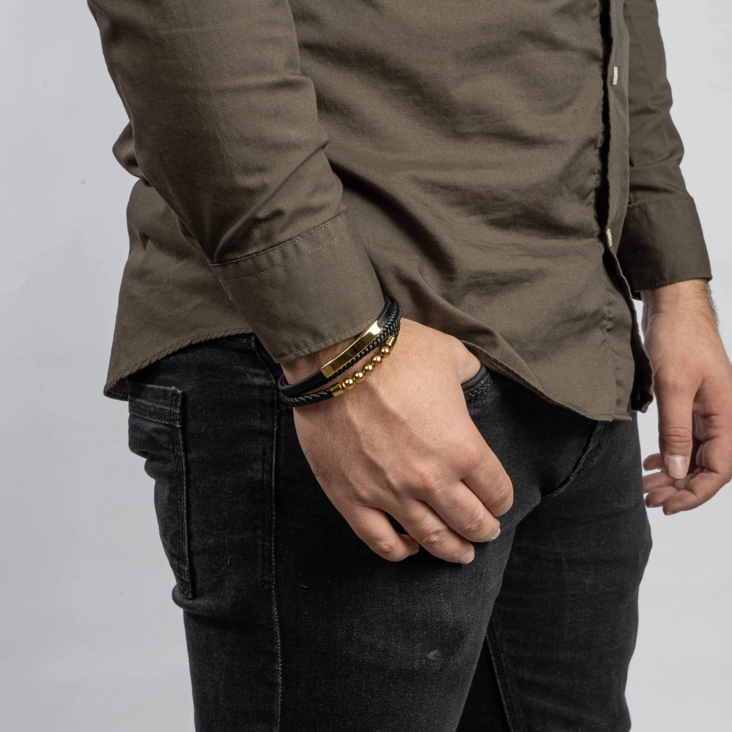 SERASAR Bracciale da Uomo in Pelle Intrecciata e Oro, 23cm - immagine 3