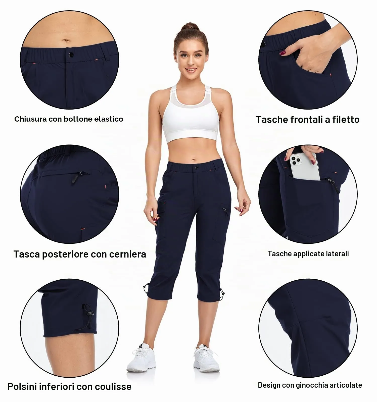 GymBrave Pantaloni Trekking Donna Cargo Capri 3/4 Estivi, Blu Navy, XXL - immagine 4