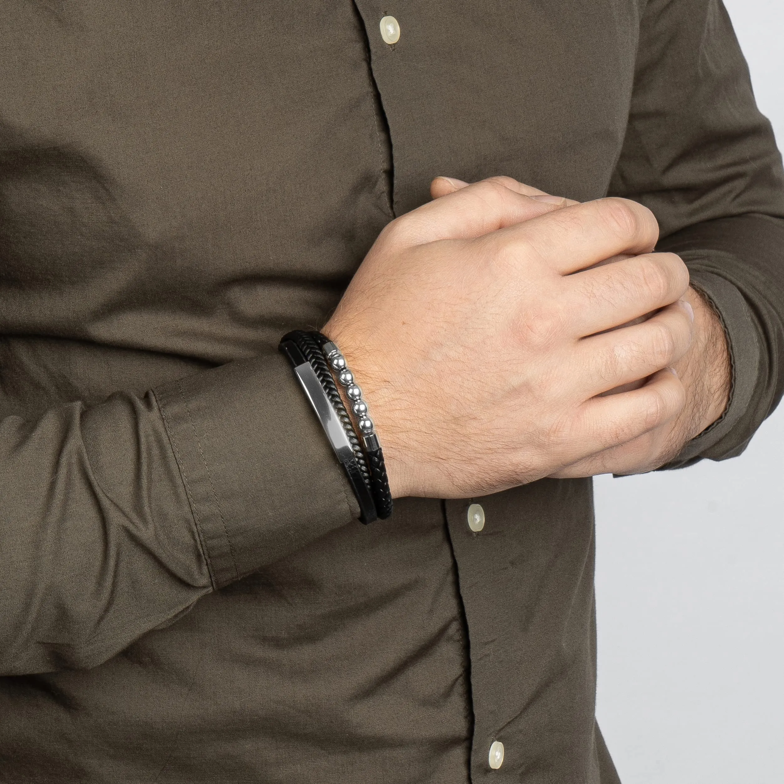 SERASAR Bracciale Uomo in Vera Pelle Nera, 17cm - immagine 4