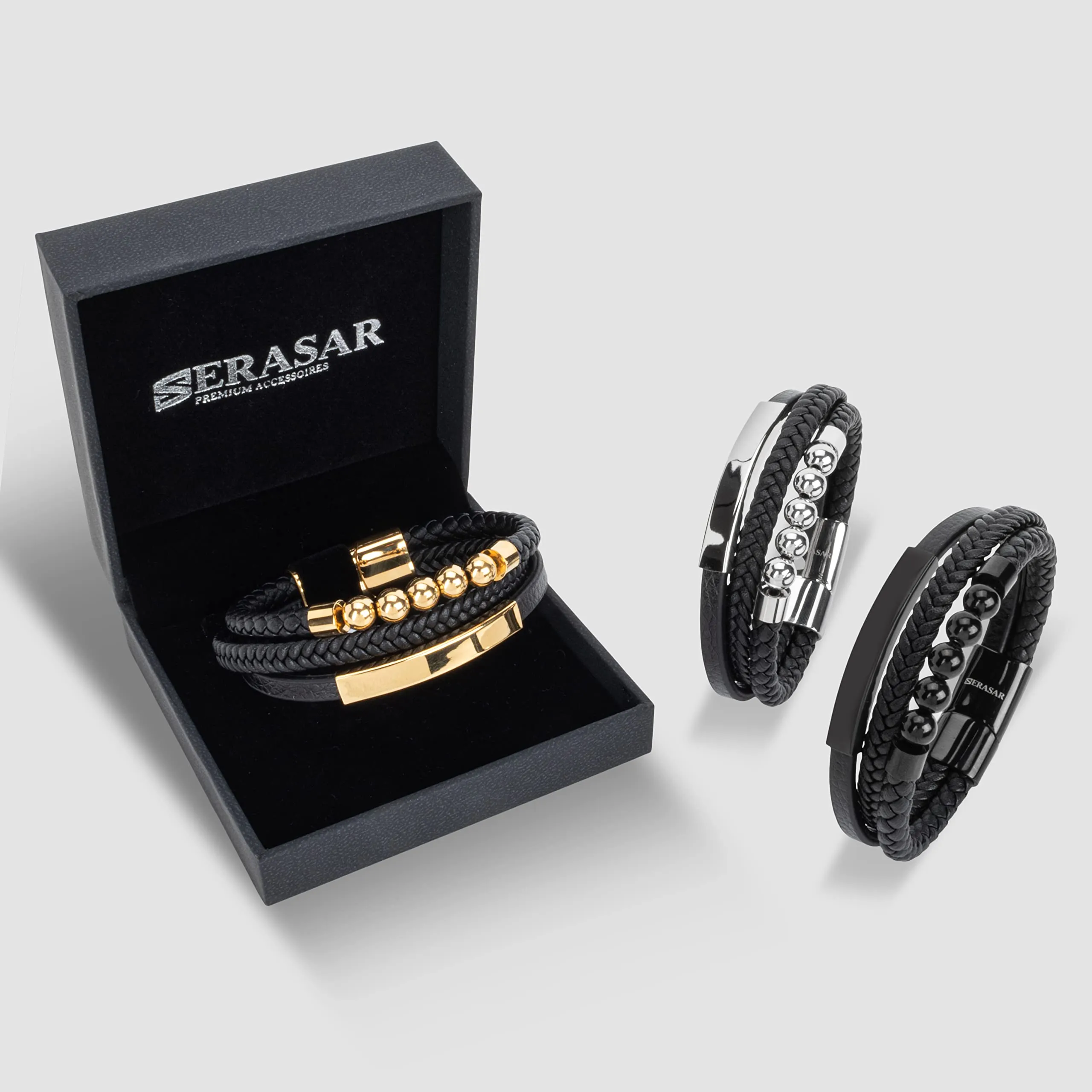 SERASAR Bracciale Uomo in Vera Pelle Nera, 17cm - immagine 7