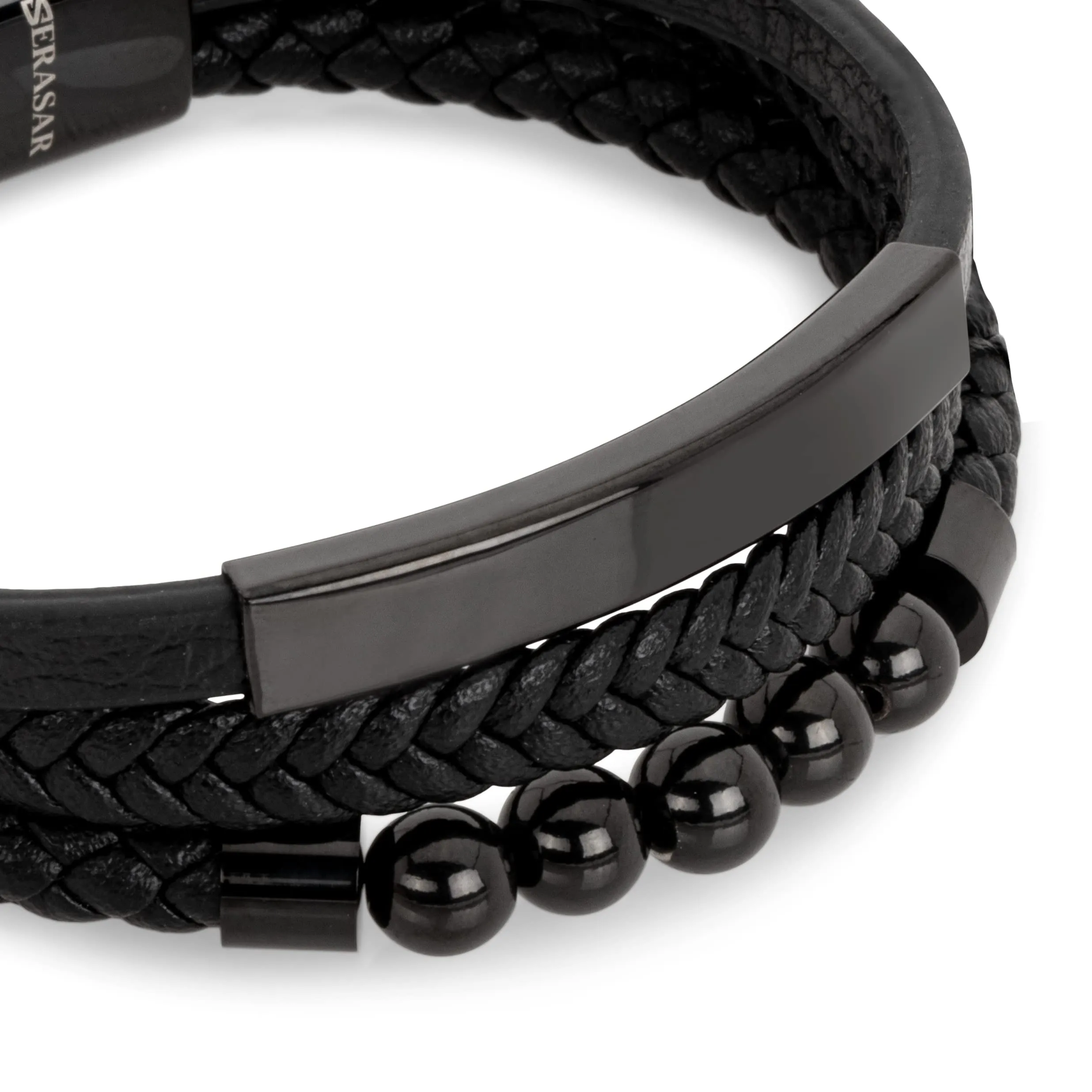 SERASAR Bracciale Uomo in Pelle Nera e Acciaio Argento, 20cm - immagine 8