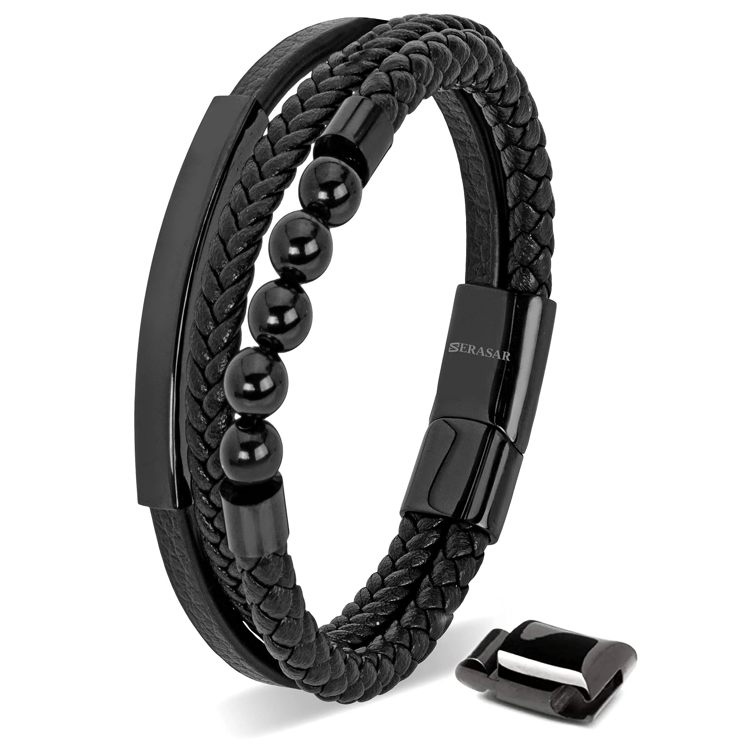SERASAR Bracciale Uomo in Pelle Nera, 23cm - immagine 1