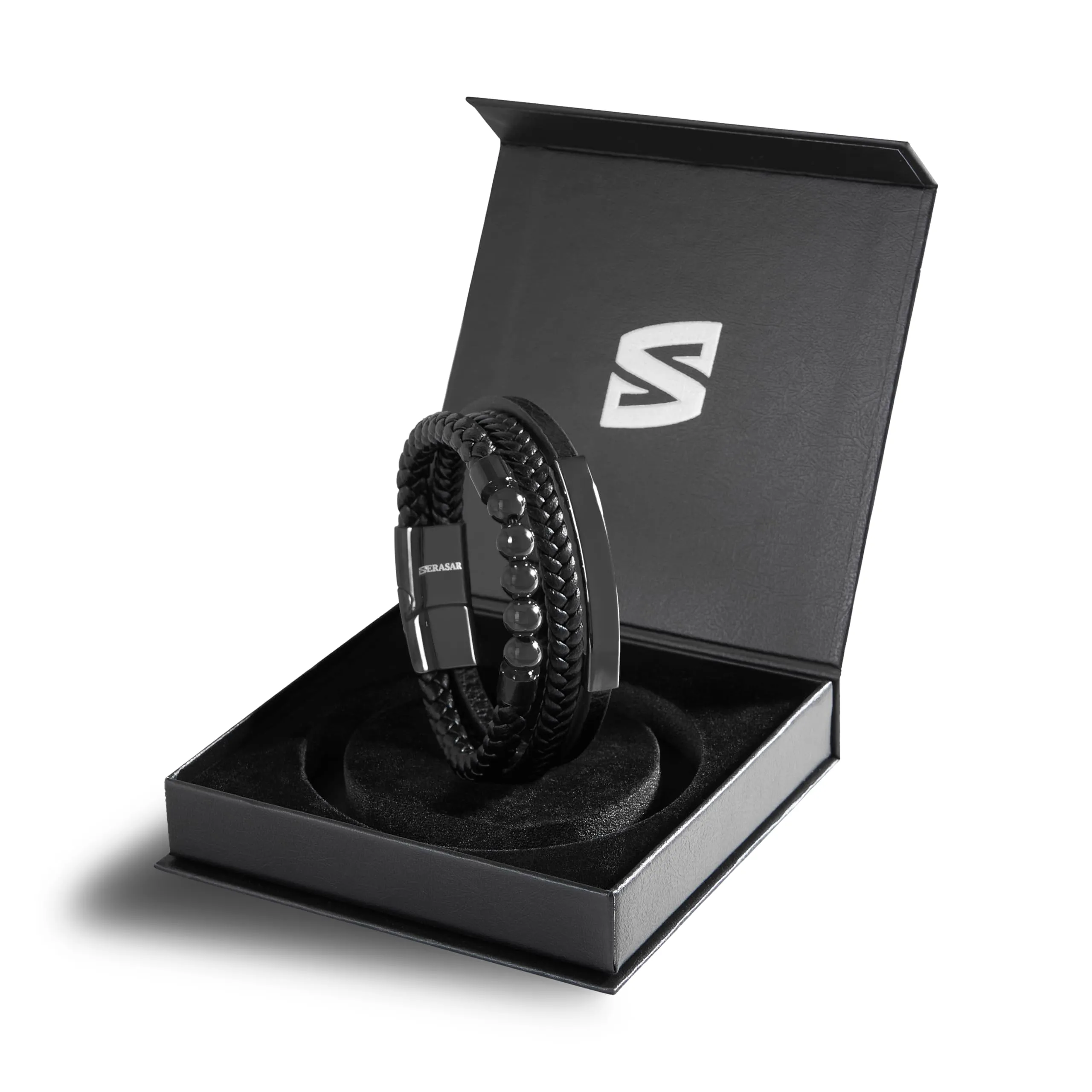 SERASAR Bracciale Uomo in Pelle Nera, 23cm - immagine 2