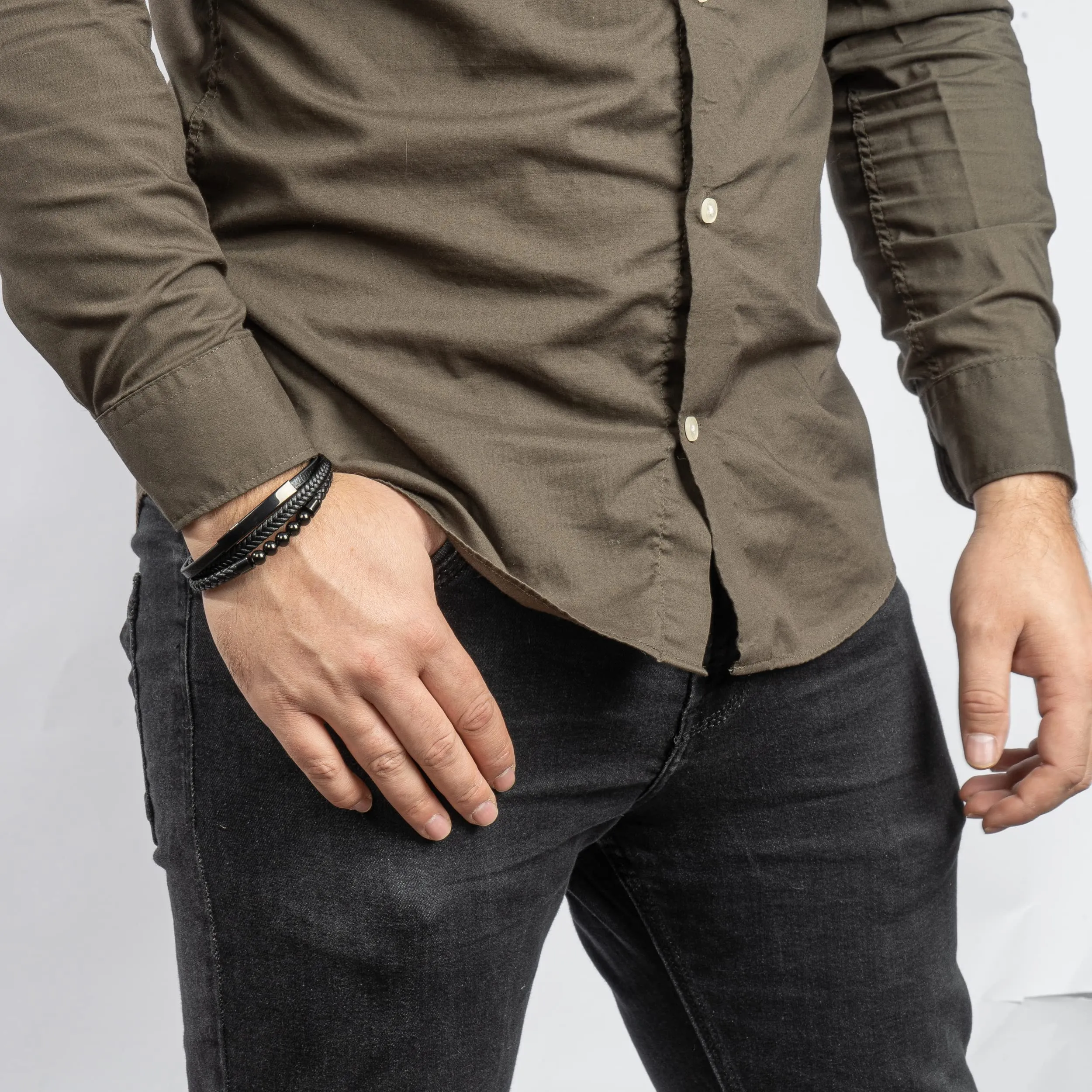 SERASAR Bracciale Uomo in Pelle Nera, 23cm - immagine 3