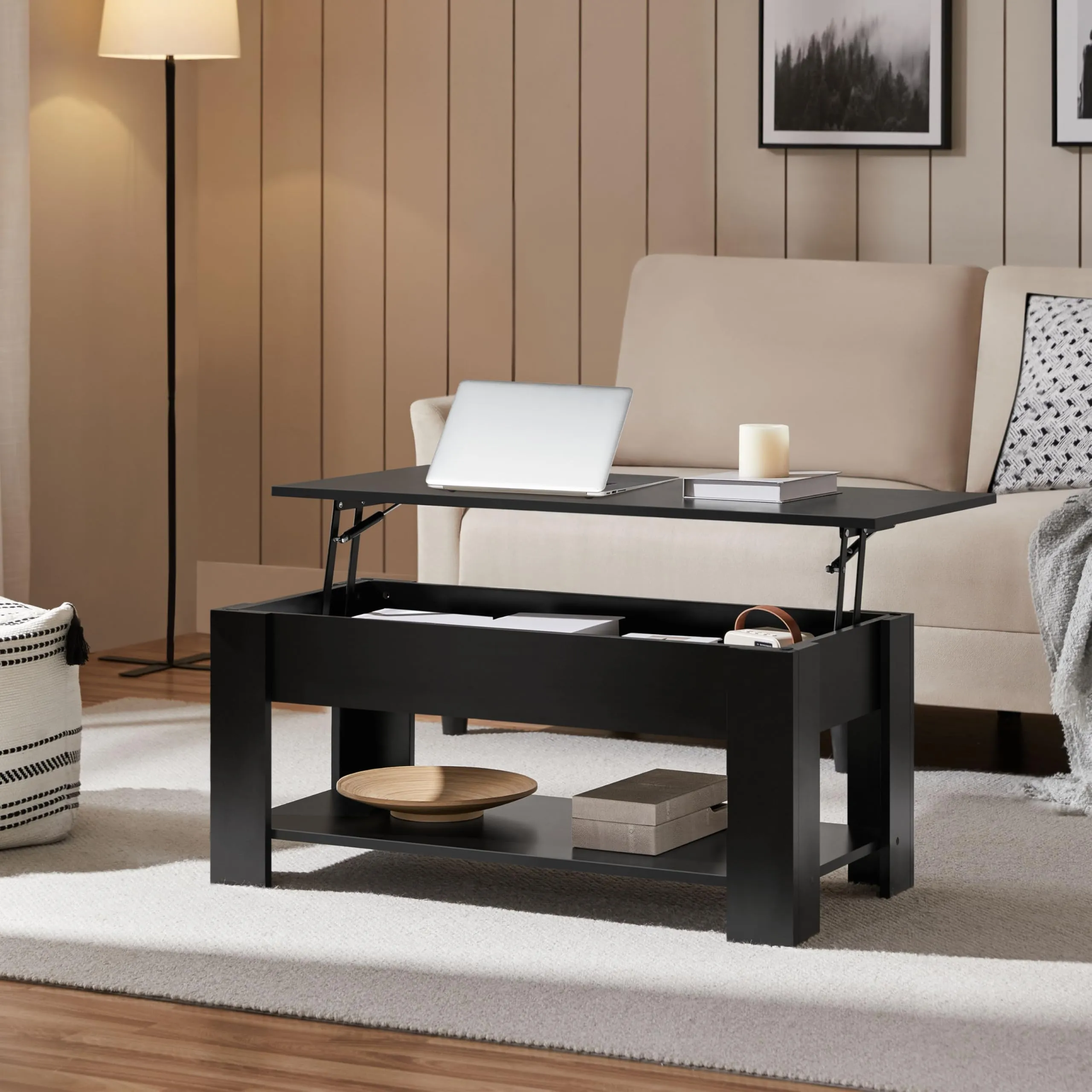 Yaheetech Tavolino da Caffè Sollevabile 98 x 50 x 42-56 cm Nero - immagine 2