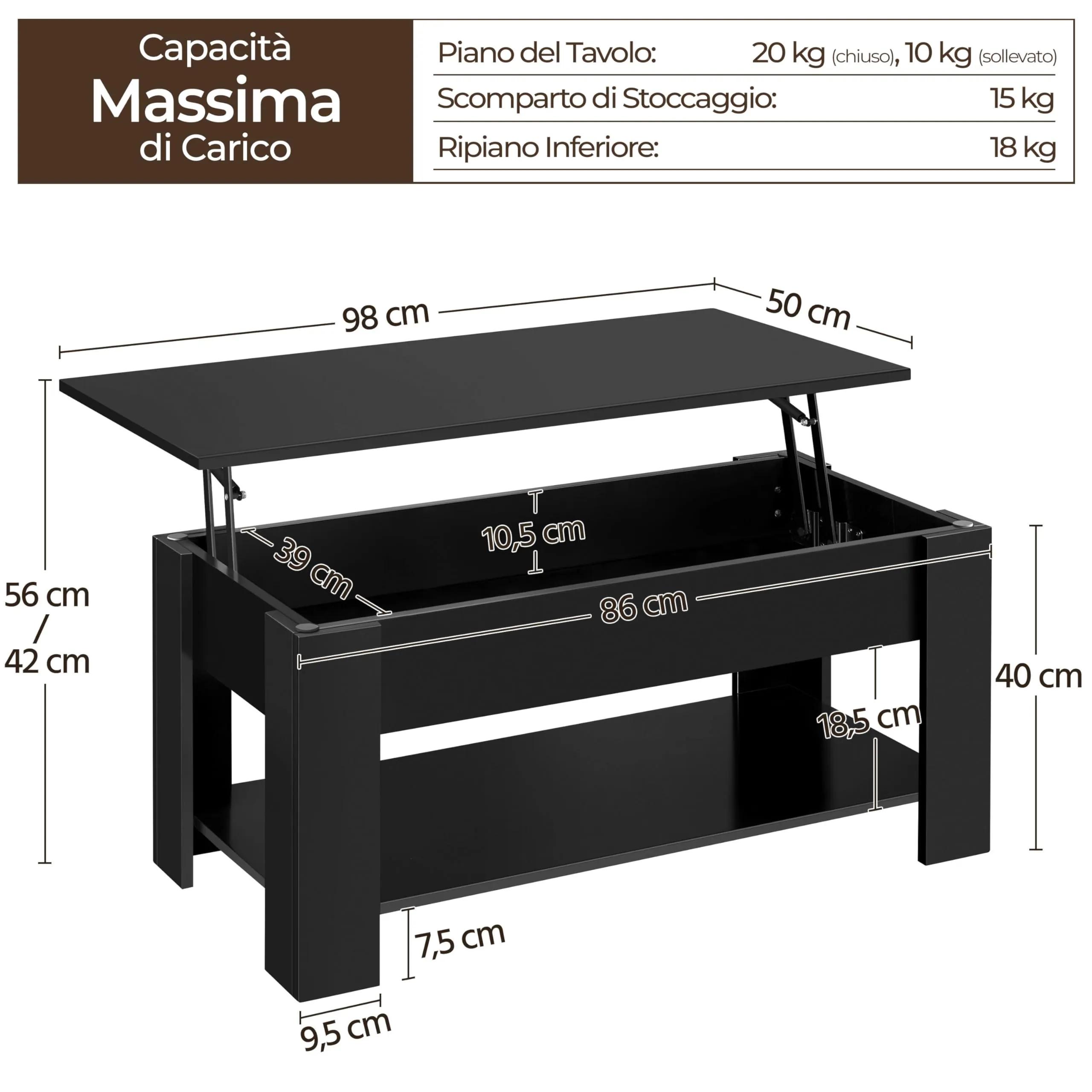 Yaheetech Tavolino da Caffè Sollevabile 98 x 50 x 42-56 cm Nero - immagine 3