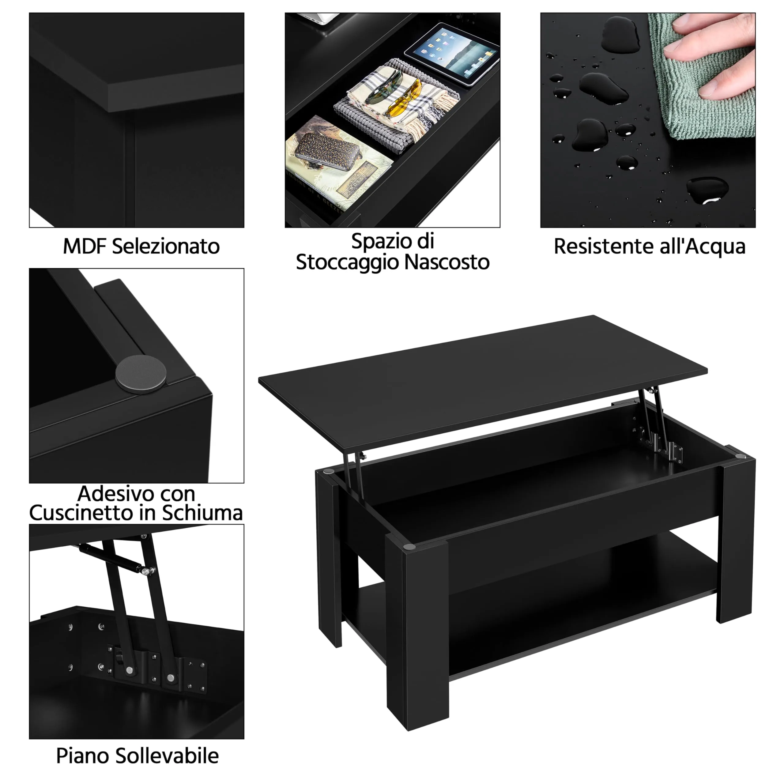 Yaheetech Tavolino da Caffè Sollevabile 98 x 50 x 42-56 cm Nero - immagine 4