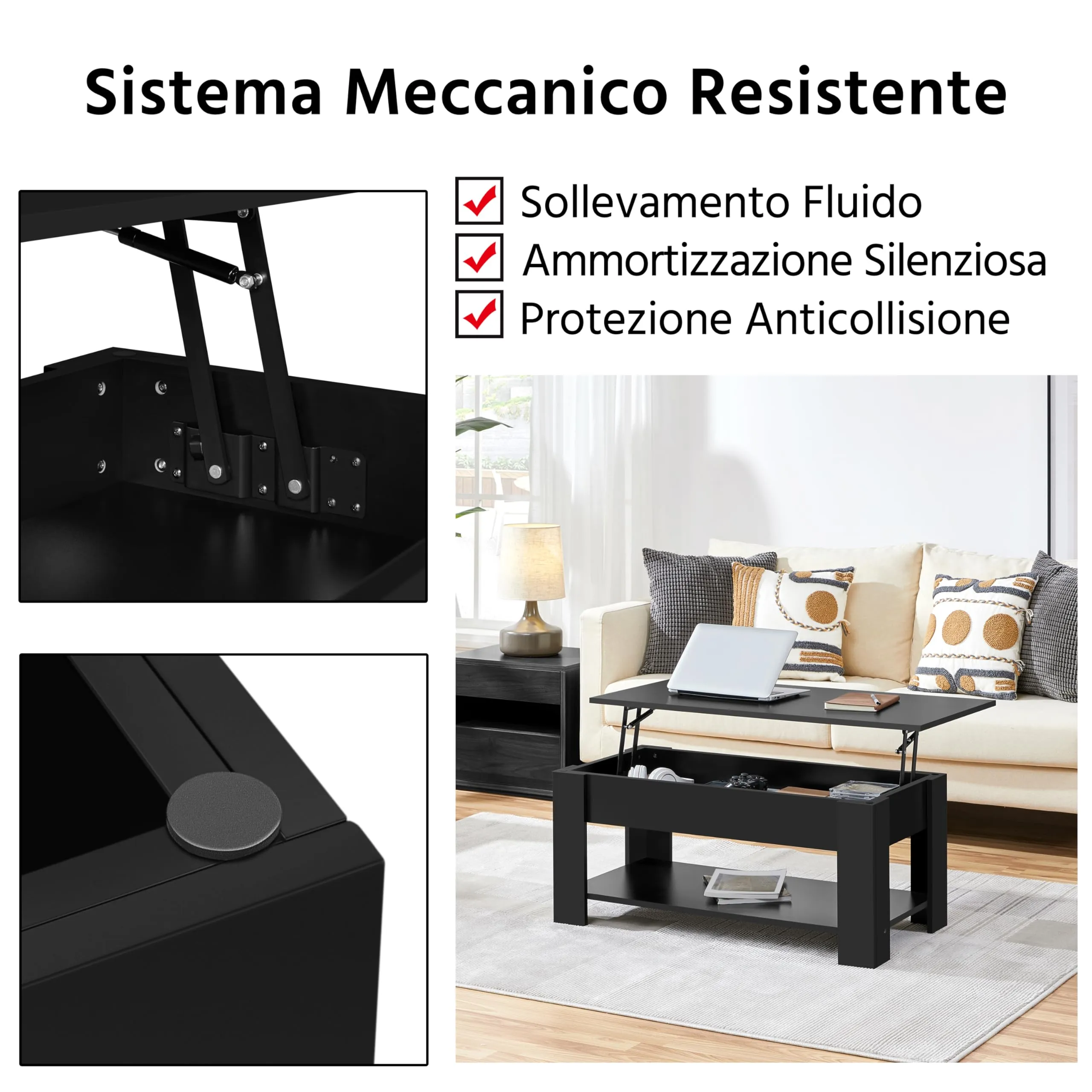 Yaheetech Tavolino da Caffè Sollevabile 98 x 50 x 42-56 cm Nero - immagine 5
