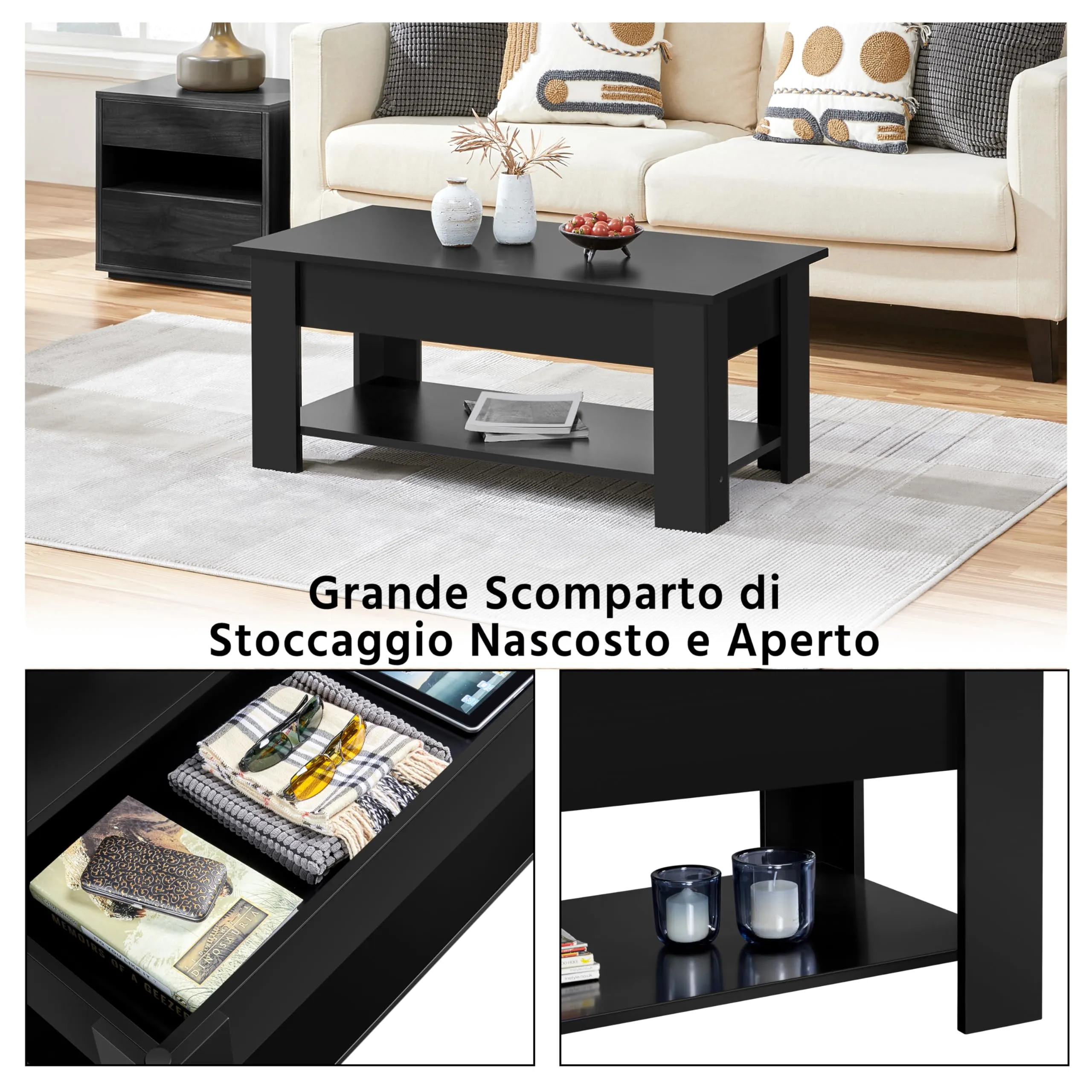 Yaheetech Tavolino da Caffè Sollevabile 98 x 50 x 42-56 cm Nero - immagine 6