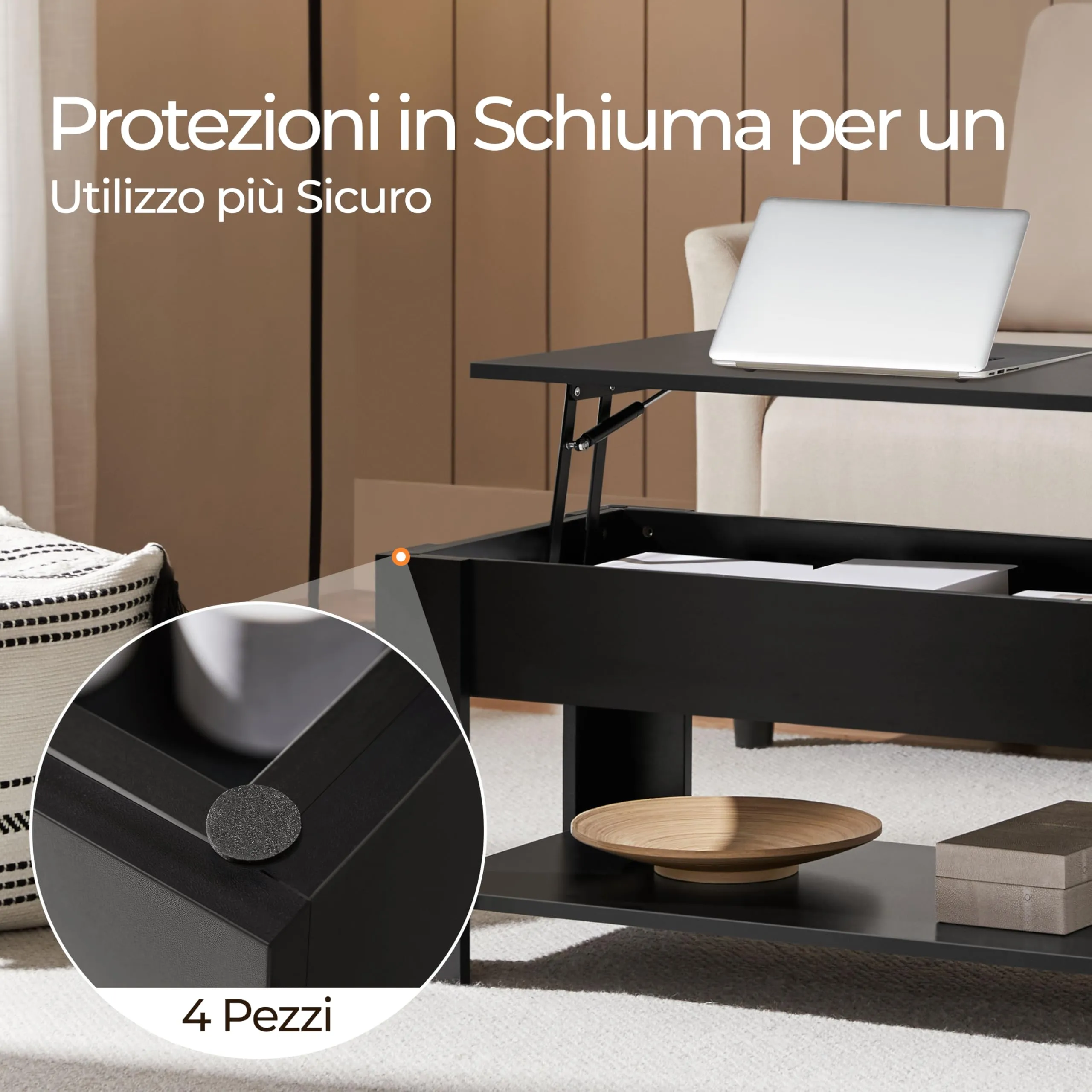 Yaheetech Tavolino da Caffè Sollevabile 98 x 50 x 42-56 cm Nero - immagine 7