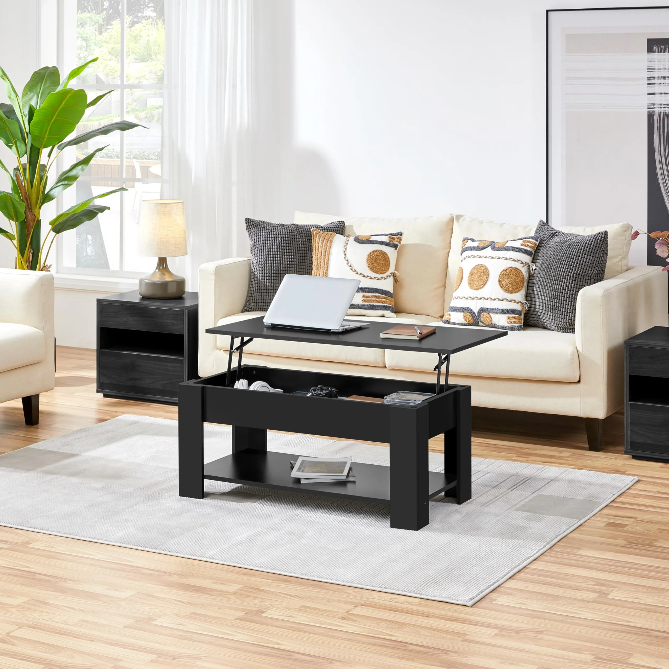Yaheetech Tavolino da Caffè Sollevabile 98 x 50 x 42-56 cm Nero - immagine 9