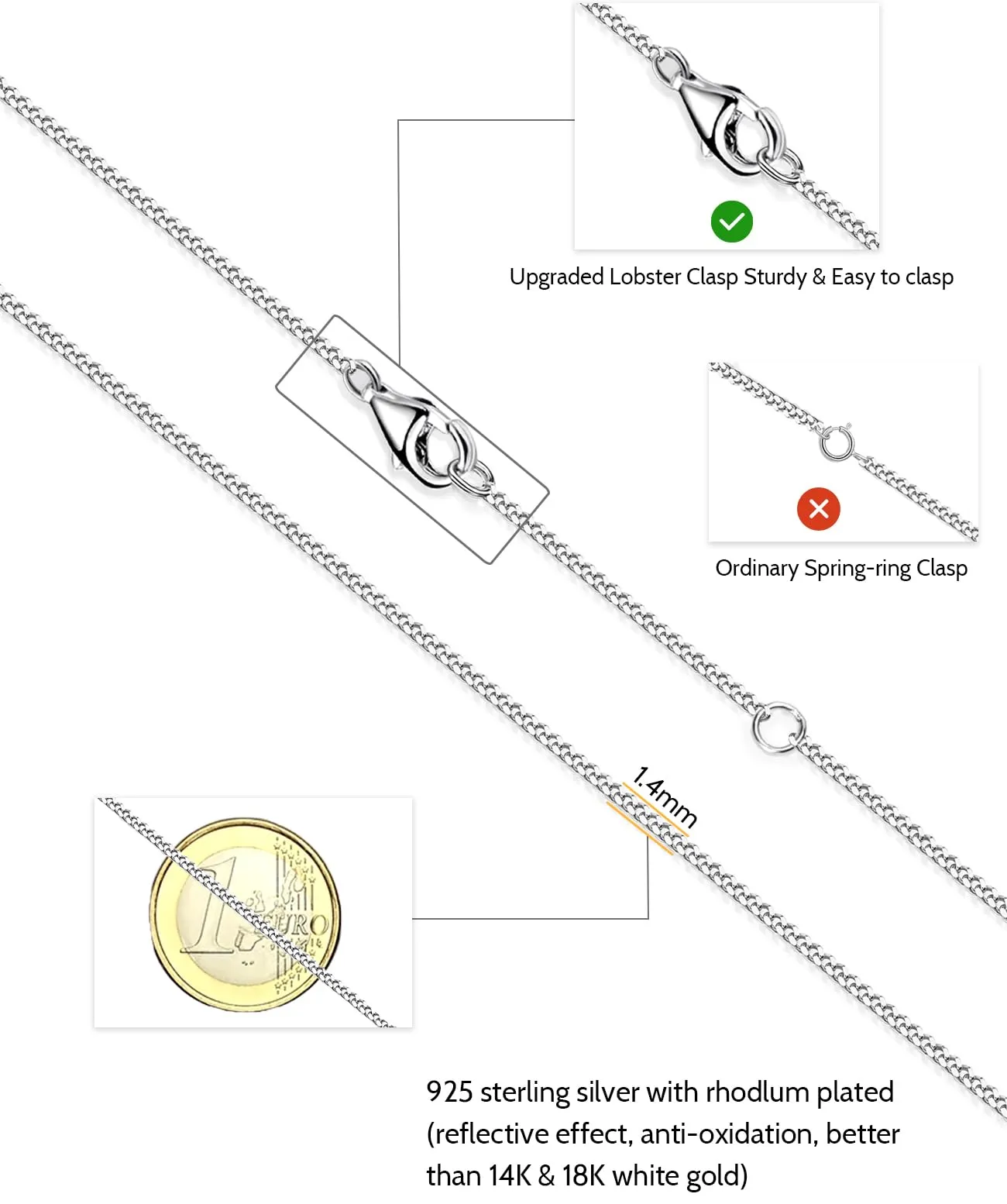 OSTAN Collana a Catena Cuban in Argento Sterling 925 da Donna senza Ciondolo, 40cm 45cm 50cm - immagine 2