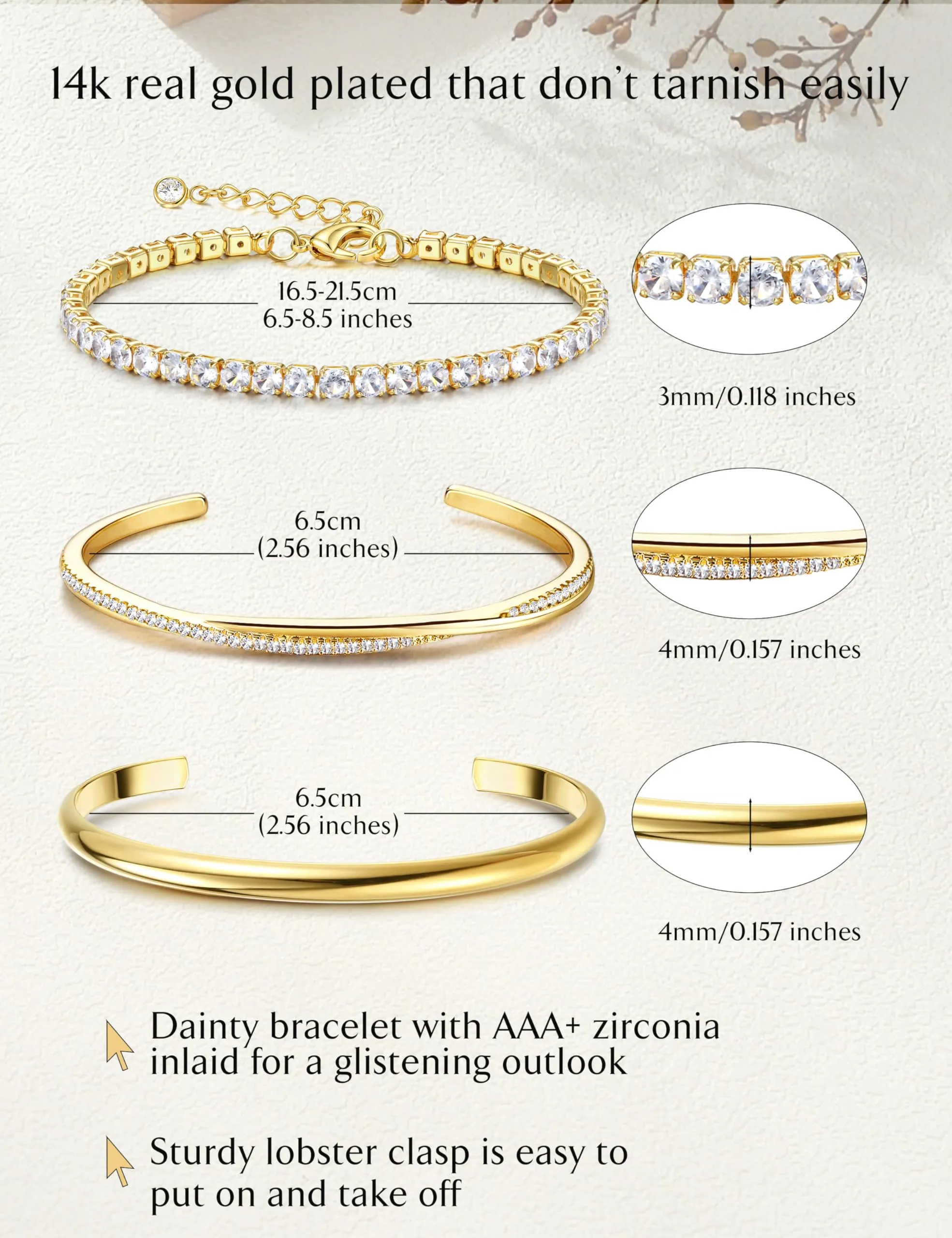 YADOCA Set di 3 Bracciali Rigidi in Acciaio Inossidabile Placcati Oro 14k per Donna - immagine 5