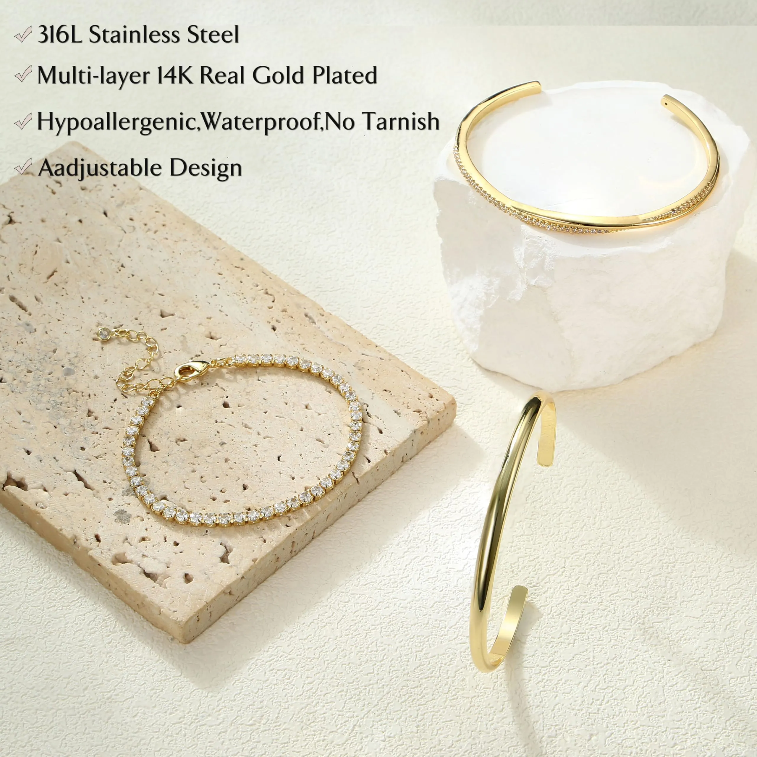YADOCA Set di 3 Bracciali Rigidi in Acciaio Inossidabile Placcati Oro 14k per Donna - immagine 7