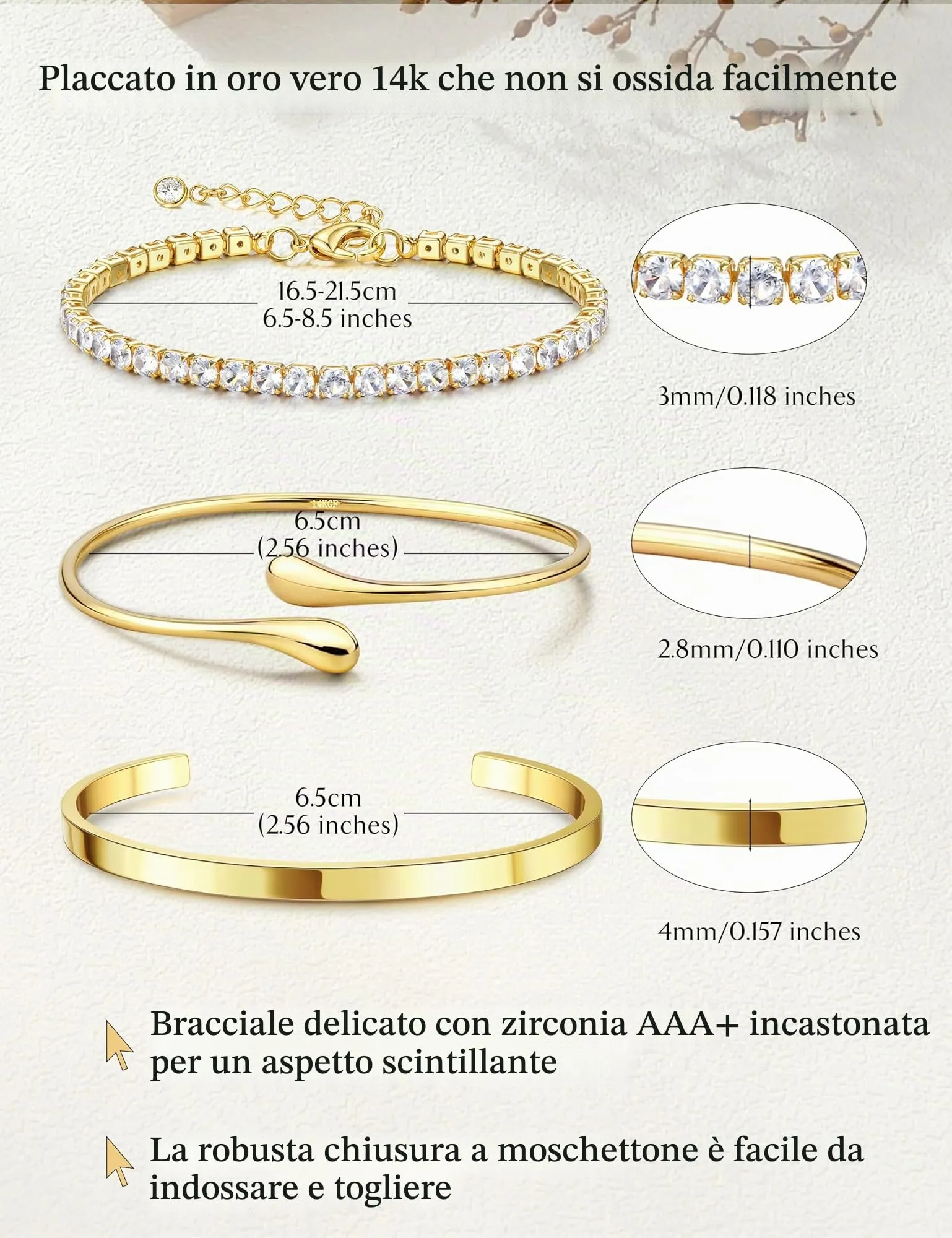 YADOCA Set di 3 Bracciali Rigidi Donna in Acciaio Inossidabile Placcati Oro 14k - immagine 5