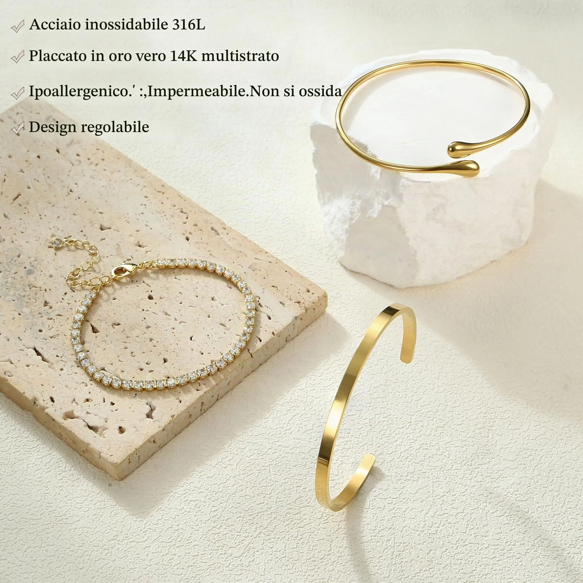 YADOCA Set di 3 Bracciali Rigidi Donna in Acciaio Inossidabile Placcati Oro 14k - immagine 6