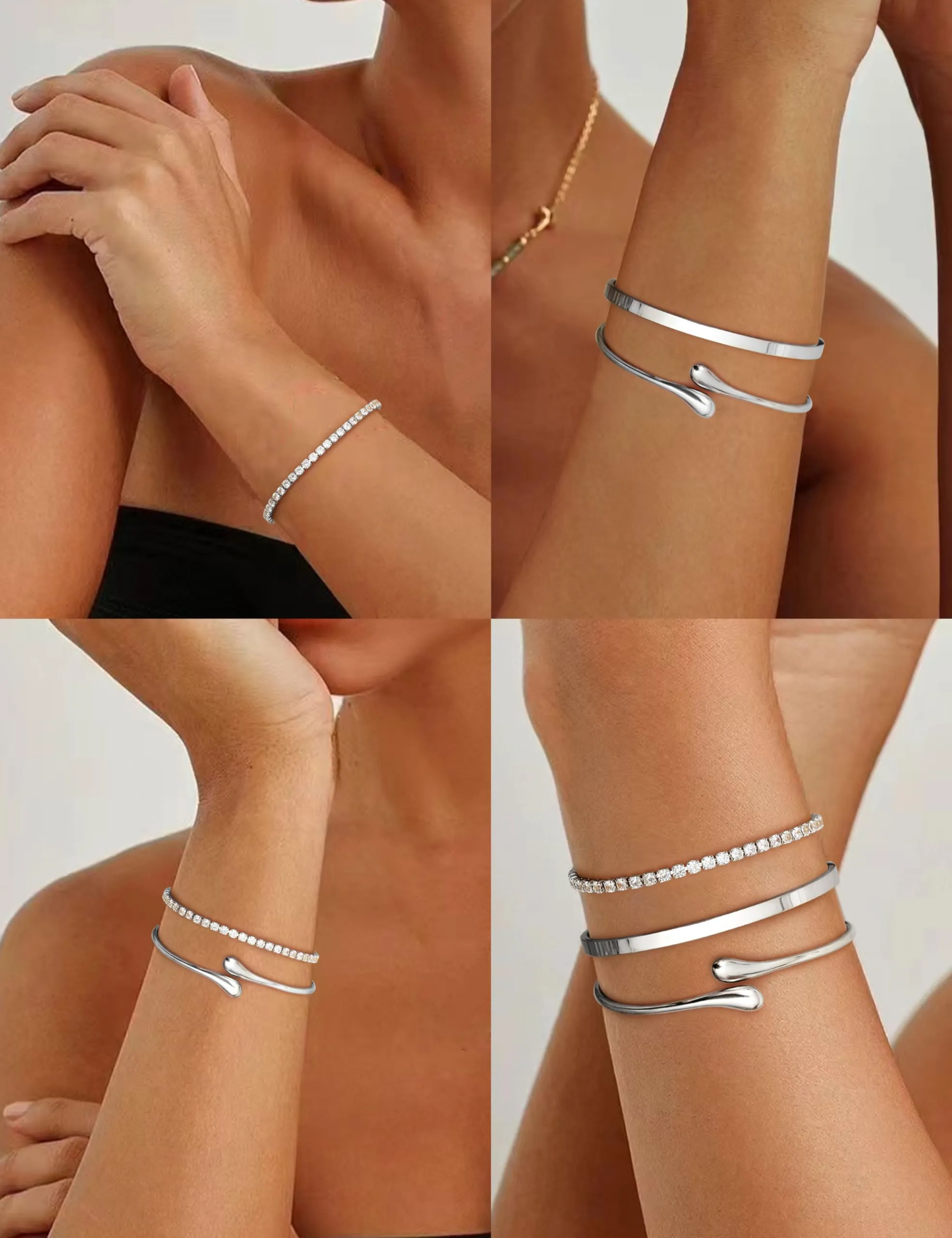 YADOCA Set di 3 Bracciali Rigidi da Donna in Acciaio Inossidabile Argento - immagine 4