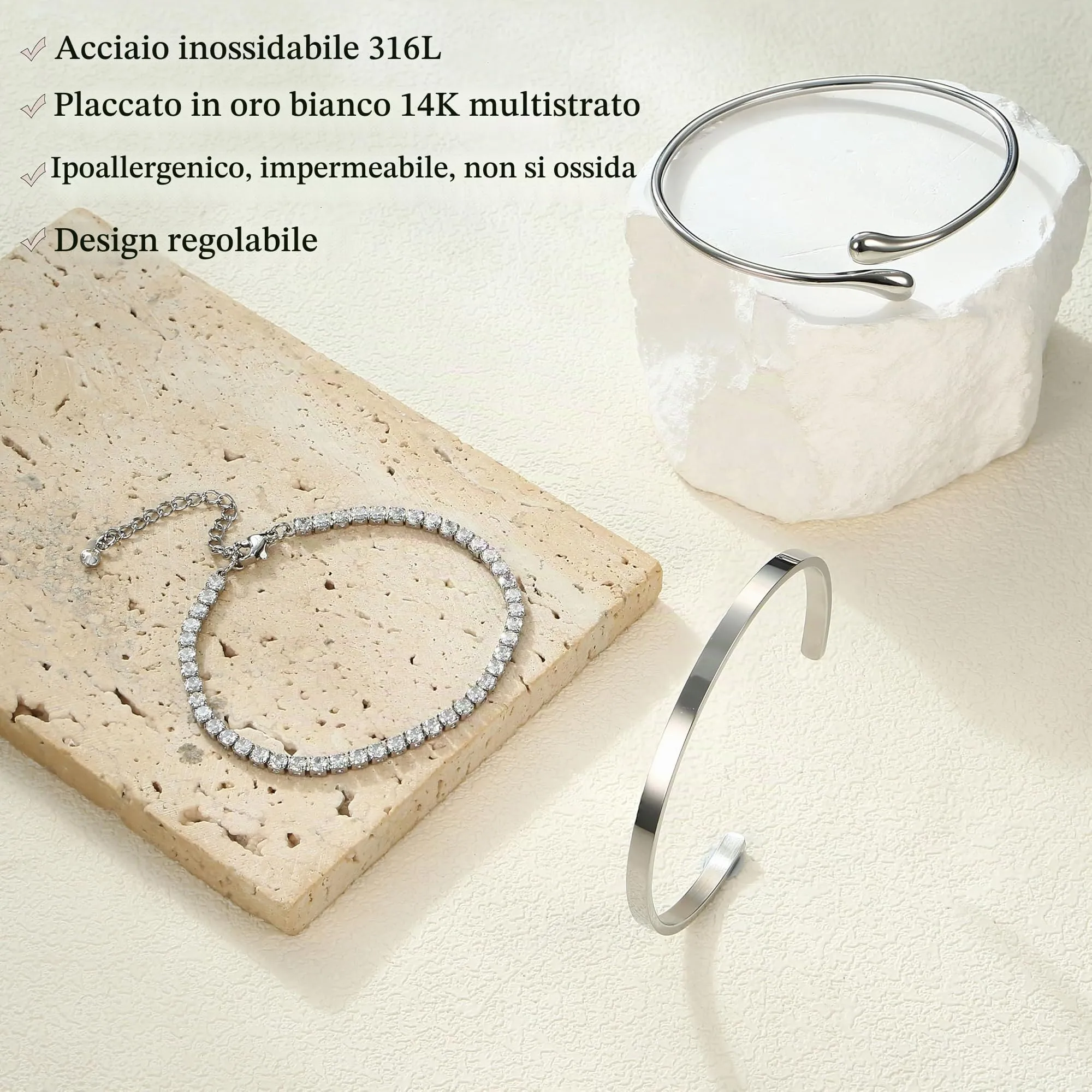 YADOCA Set di 3 Bracciali Rigidi da Donna in Acciaio Inossidabile Argento - immagine 6