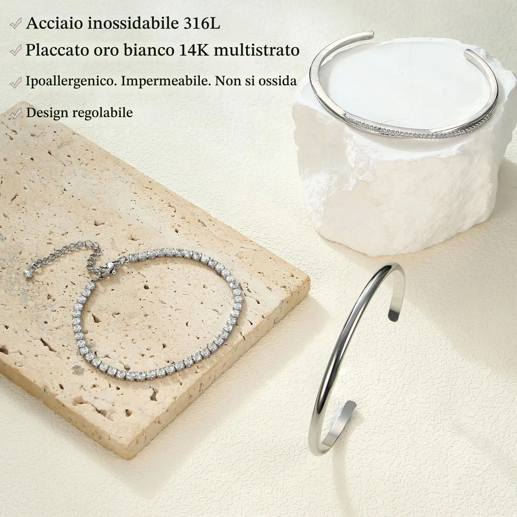 YADOCA Set di 3 Bracciali Rigidi in Acciaio Inossidabile Argento per Donna - immagine 7