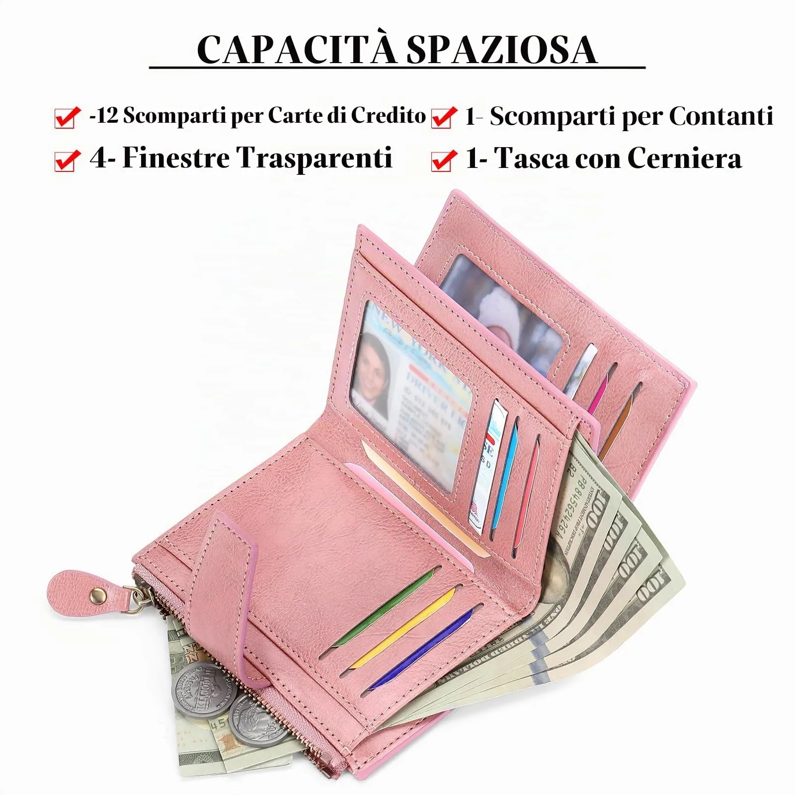 SENDEFN Portafoglio Donna in Pelle Vera con RFID, 14 Slot per Carte e Portamonete con Cerniera - immagine 6