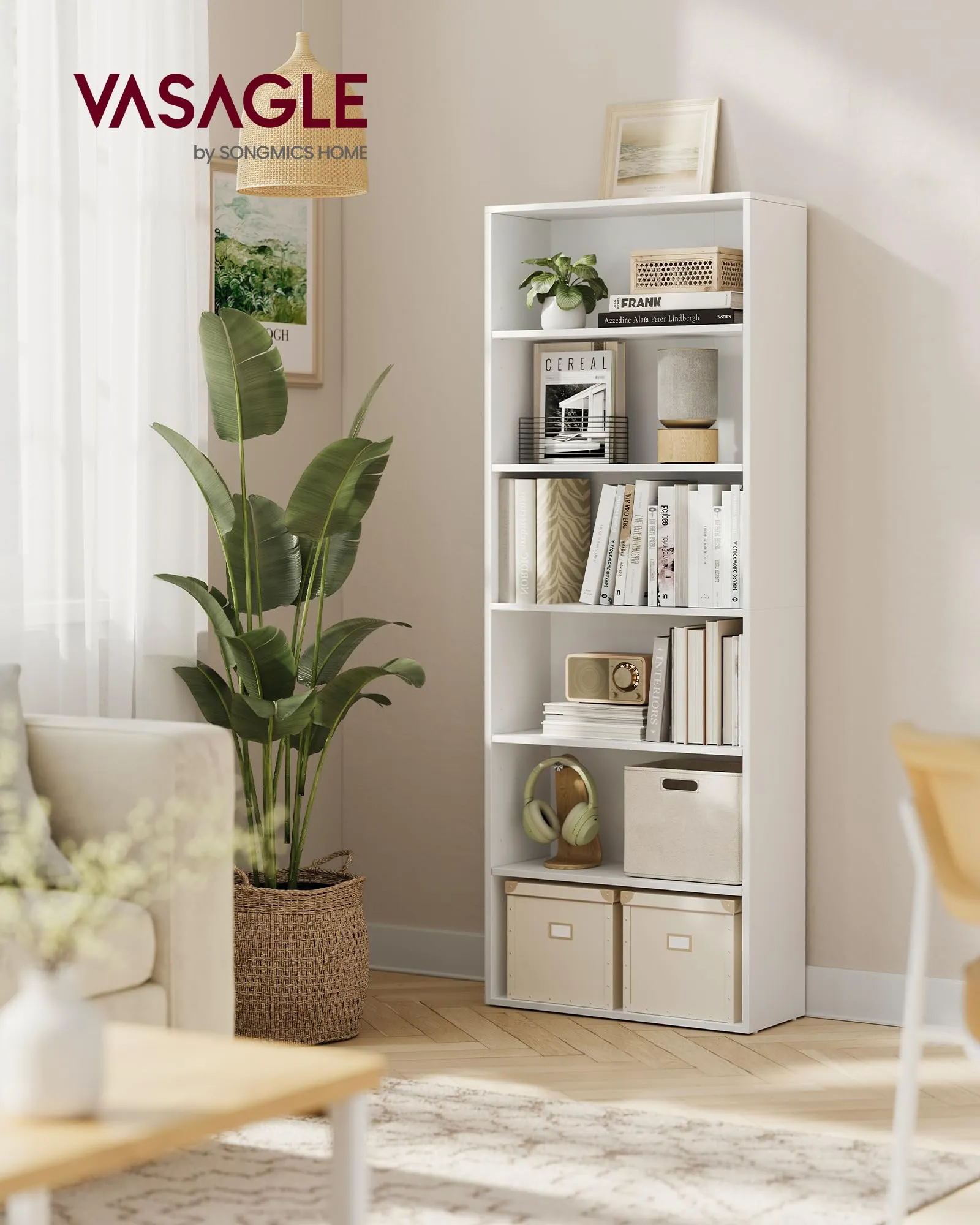VASAGLE Custos Libreria Scaffale Aperto 6 Ripiani, 24 x 60 x 178,5 cm, Bianco LBC169T14 - immagine 2