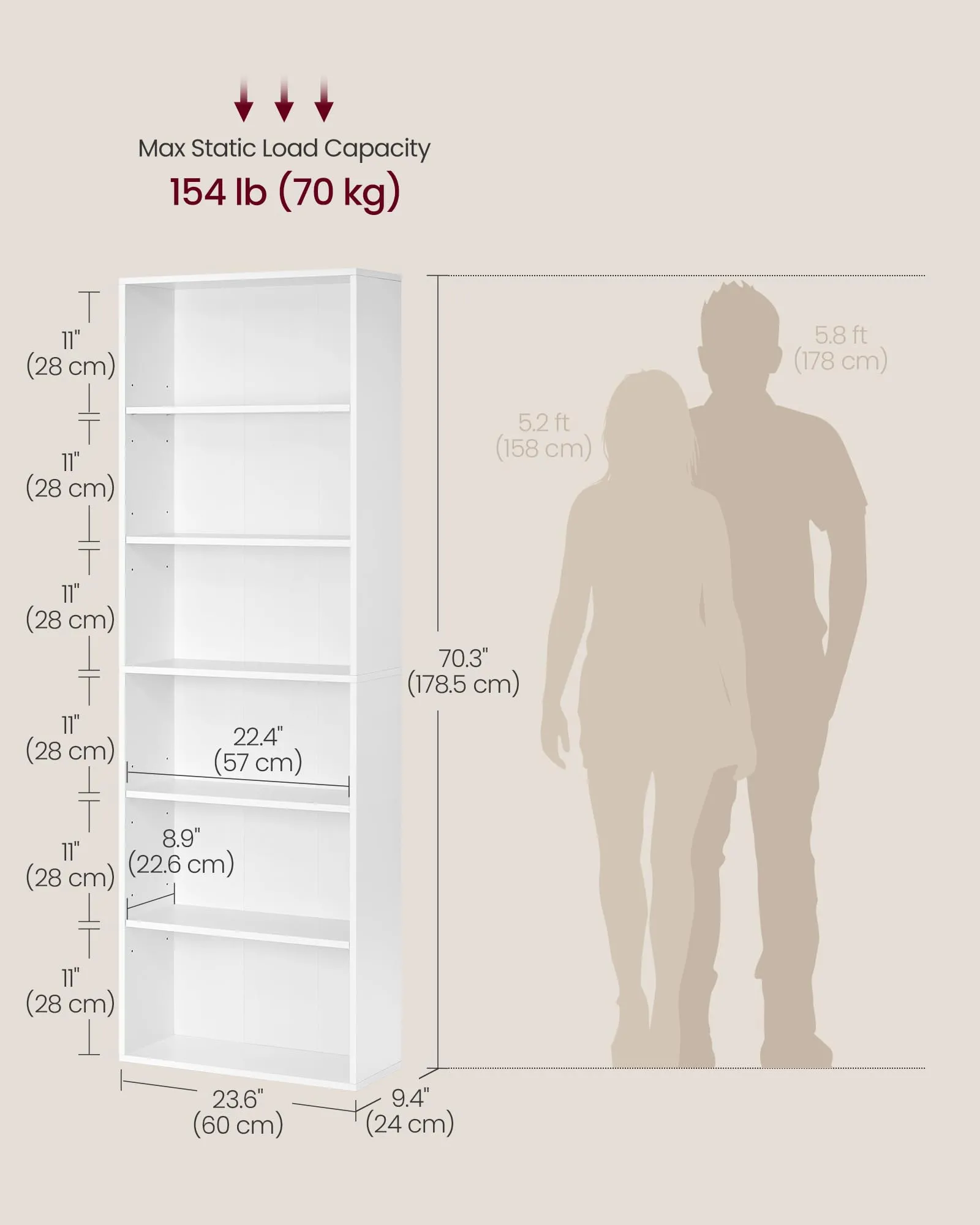 VASAGLE Custos Libreria Scaffale Aperto 6 Ripiani, 24 x 60 x 178,5 cm, Bianco LBC169T14 - immagine 5