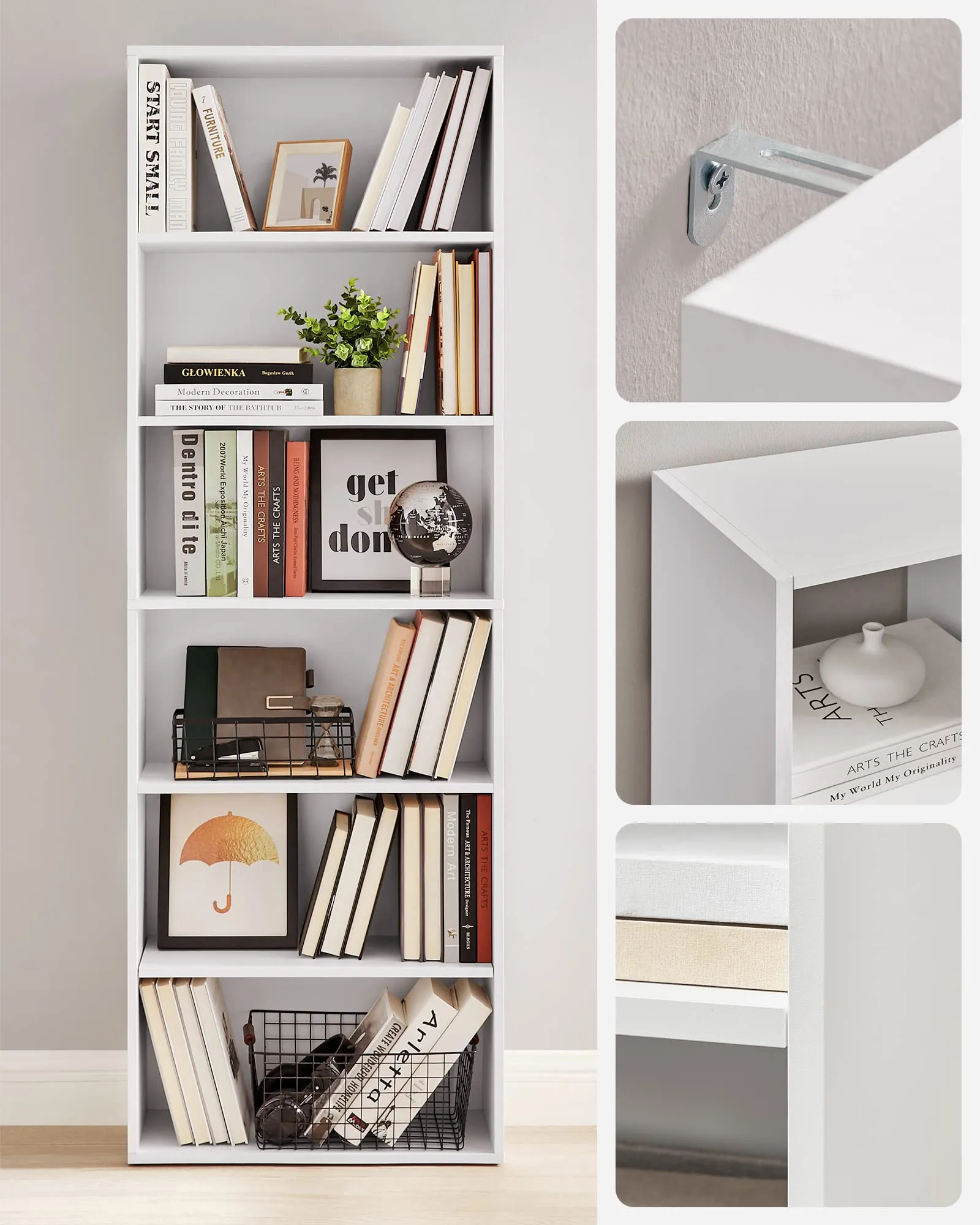 VASAGLE Custos Libreria Scaffale Aperto 6 Ripiani, 24 x 60 x 178,5 cm, Bianco LBC169T14 - immagine 7