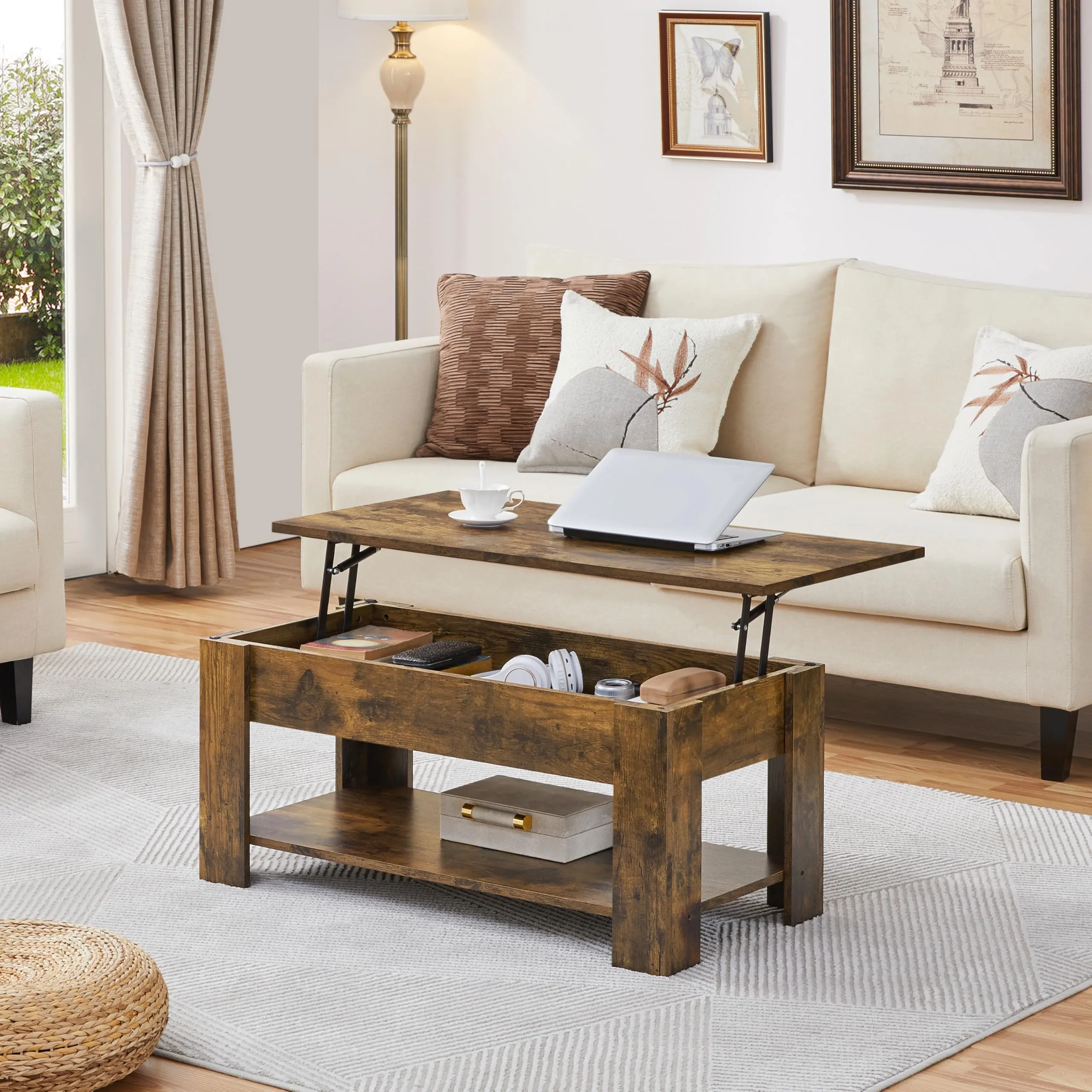 Yaheetech Tavolino da Caffè Sollevabile 98 x 50 x 42-56 cm Marrone Rustico - immagine 2