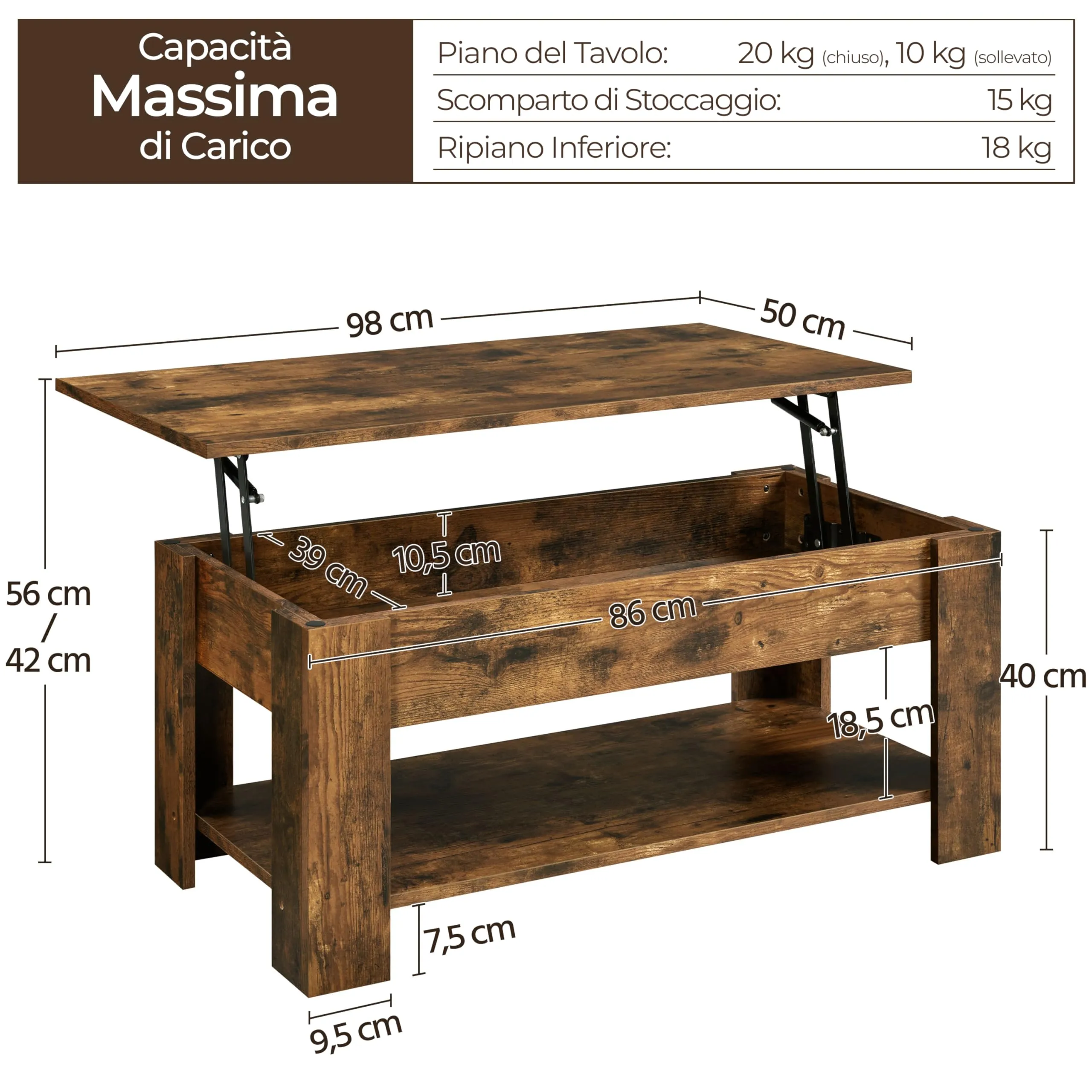 Yaheetech Tavolino da Caffè Sollevabile 98 x 50 x 42-56 cm Marrone Rustico - immagine 3