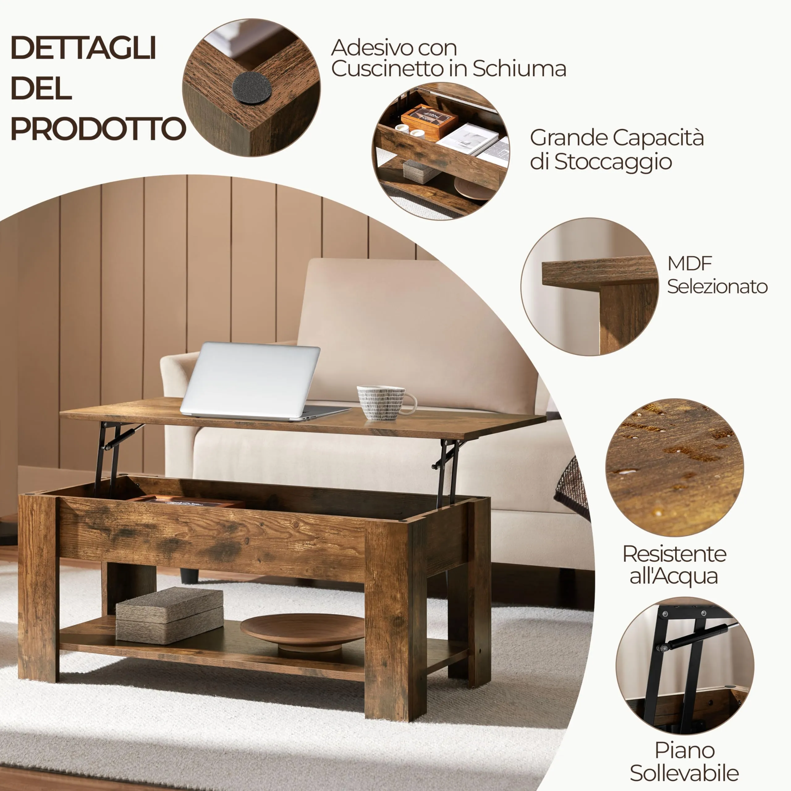 Yaheetech Tavolino da Caffè Sollevabile 98 x 50 x 42-56 cm Marrone Rustico - immagine 4