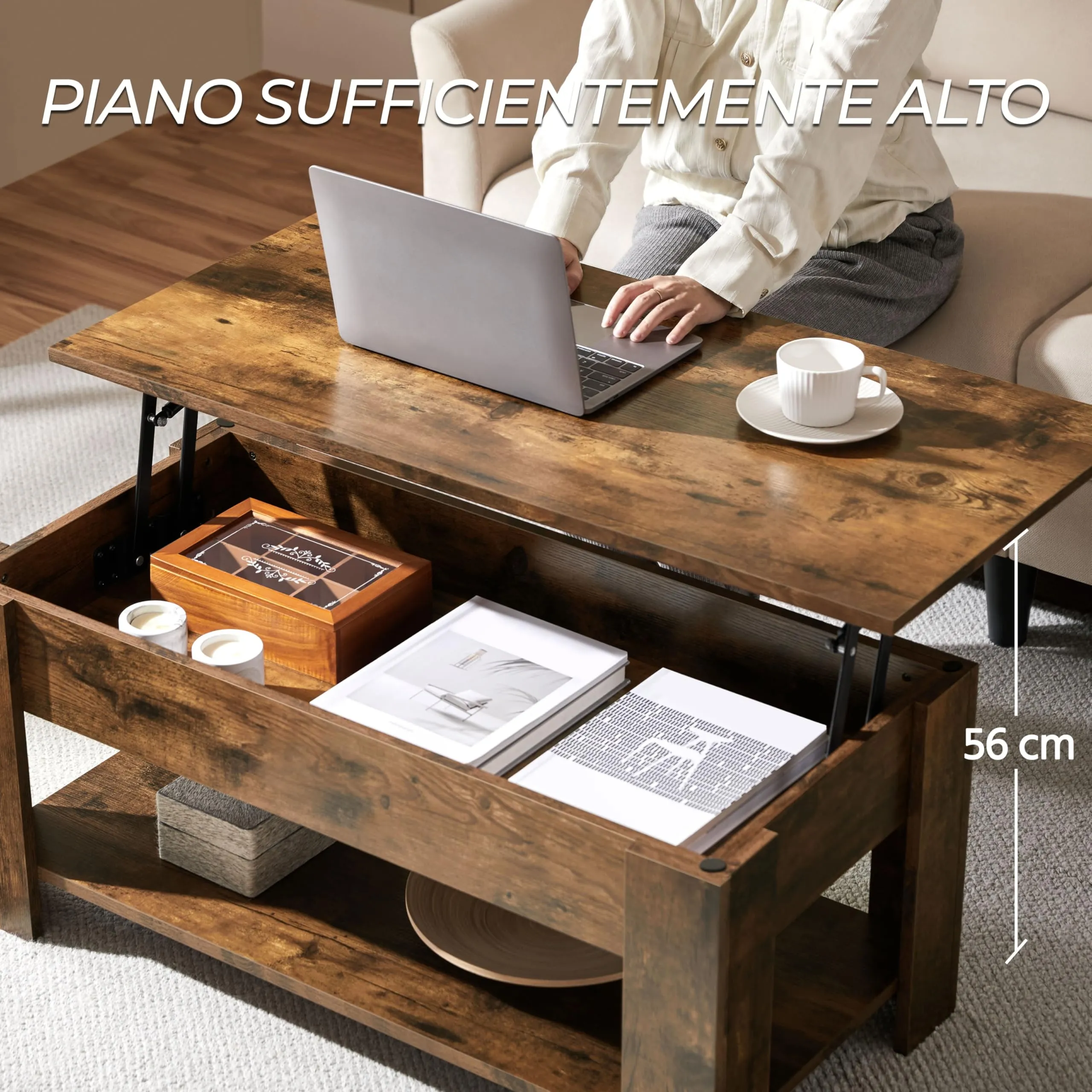 Yaheetech Tavolino da Caffè Sollevabile 98 x 50 x 42-56 cm Marrone Rustico - immagine 5
