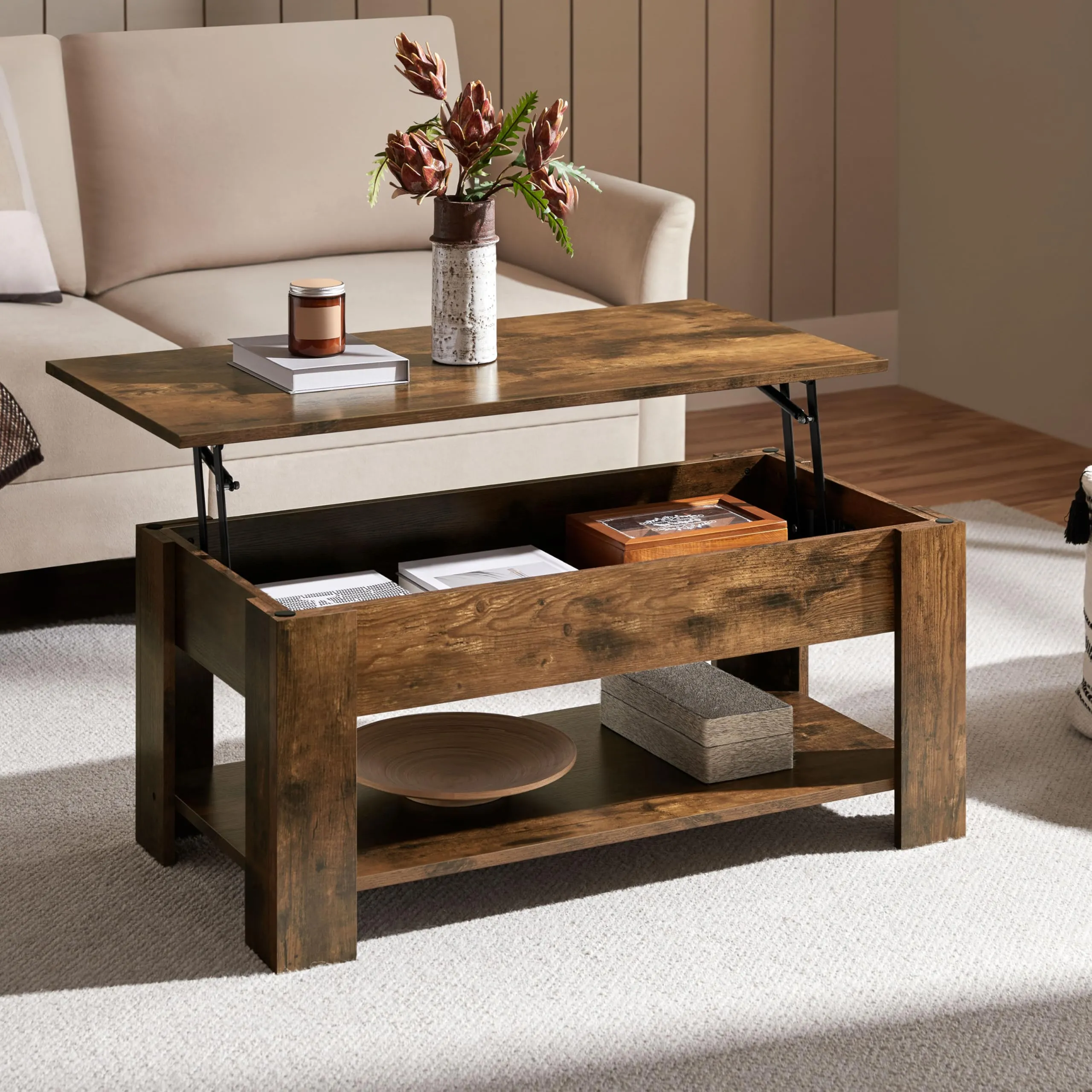 Yaheetech Tavolino da Caffè Sollevabile 98 x 50 x 42-56 cm Marrone Rustico - immagine 8